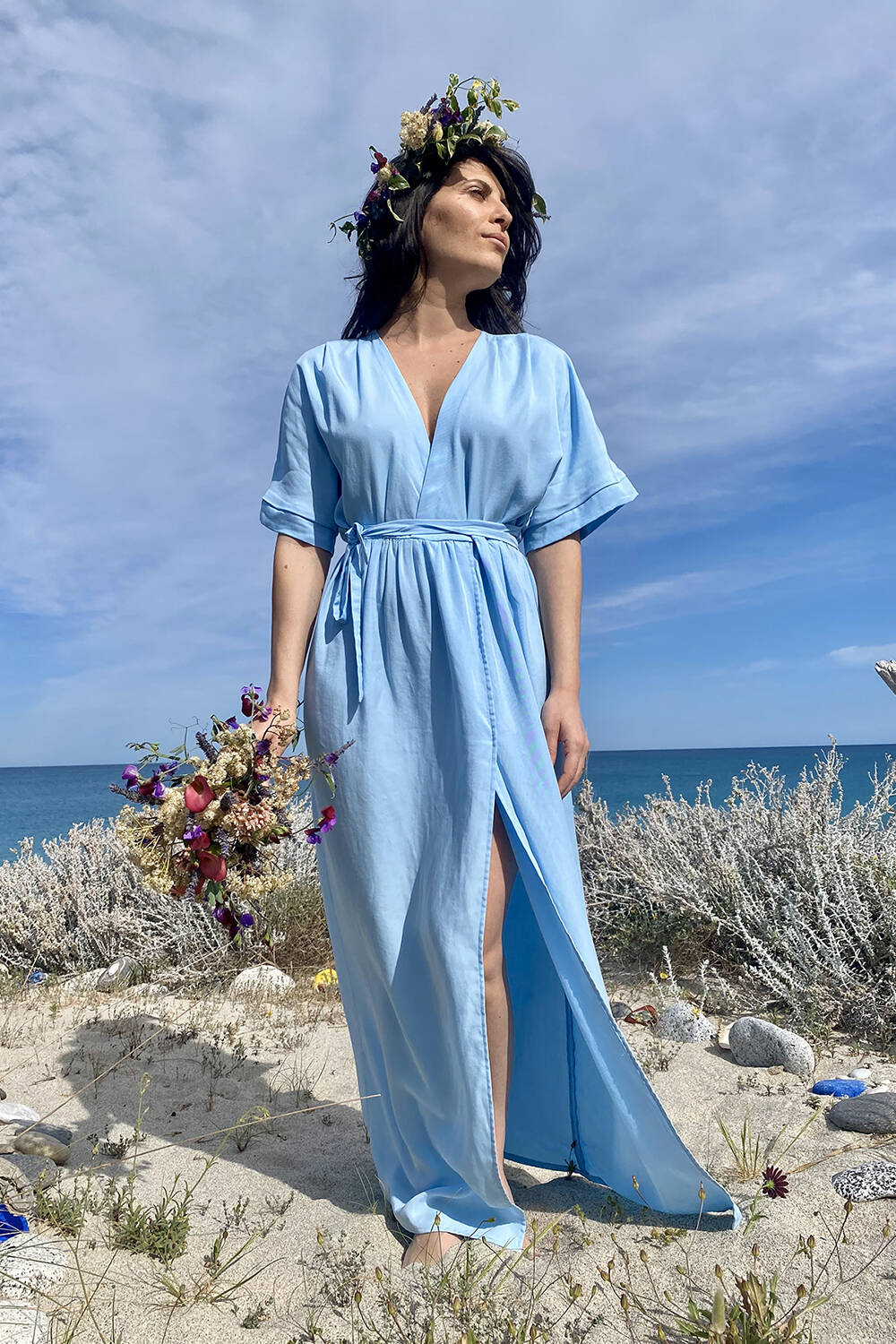 Abito Antea cerimonia tencel lyocell abbigliamento sostenibile vestiti ecosostenibili donna brand malia lab moda etica sartoriale