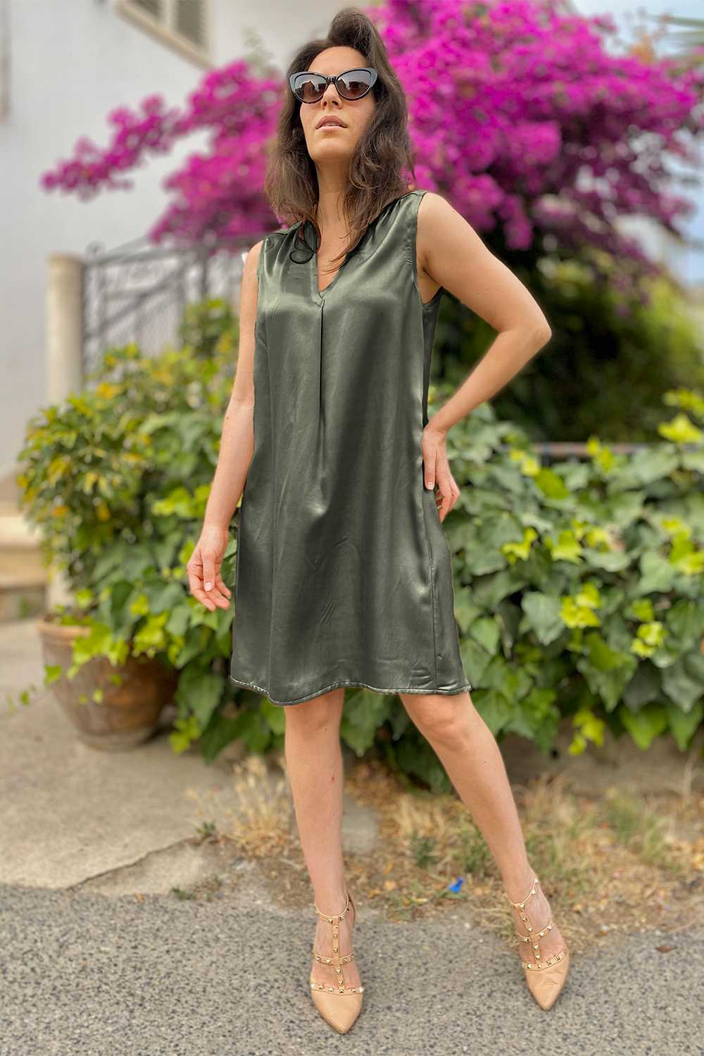 Abito Clara cupro lyocell abbigliamento sostenibile vestiti ecosostenibili donna brand malia lab verde bosco