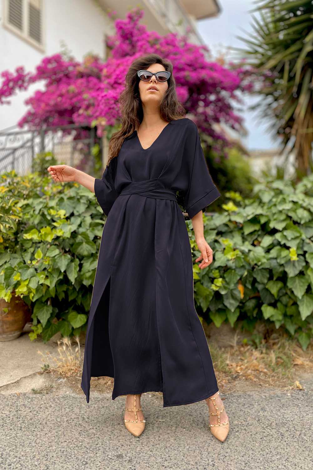 Abito Kimiko tencel lyocell abbigliamento sostenibile vestiti ecosostenibili donna brand malia lab gonna sartoriale blu notte