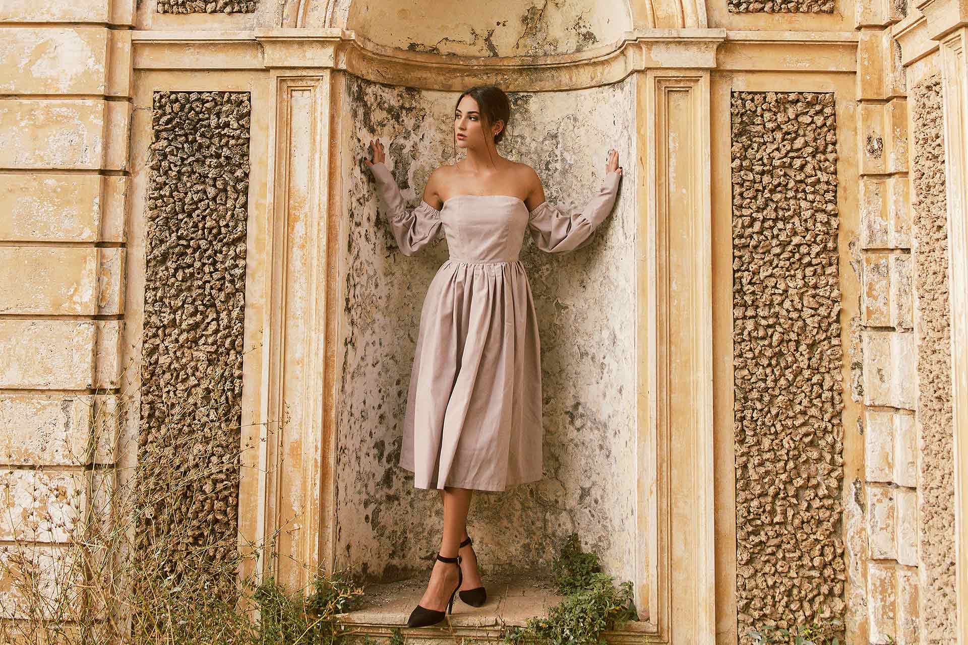 Abito Parigi atelier malia lab artigianale sartoria cupro cotone rosa antico elegante sofisticato