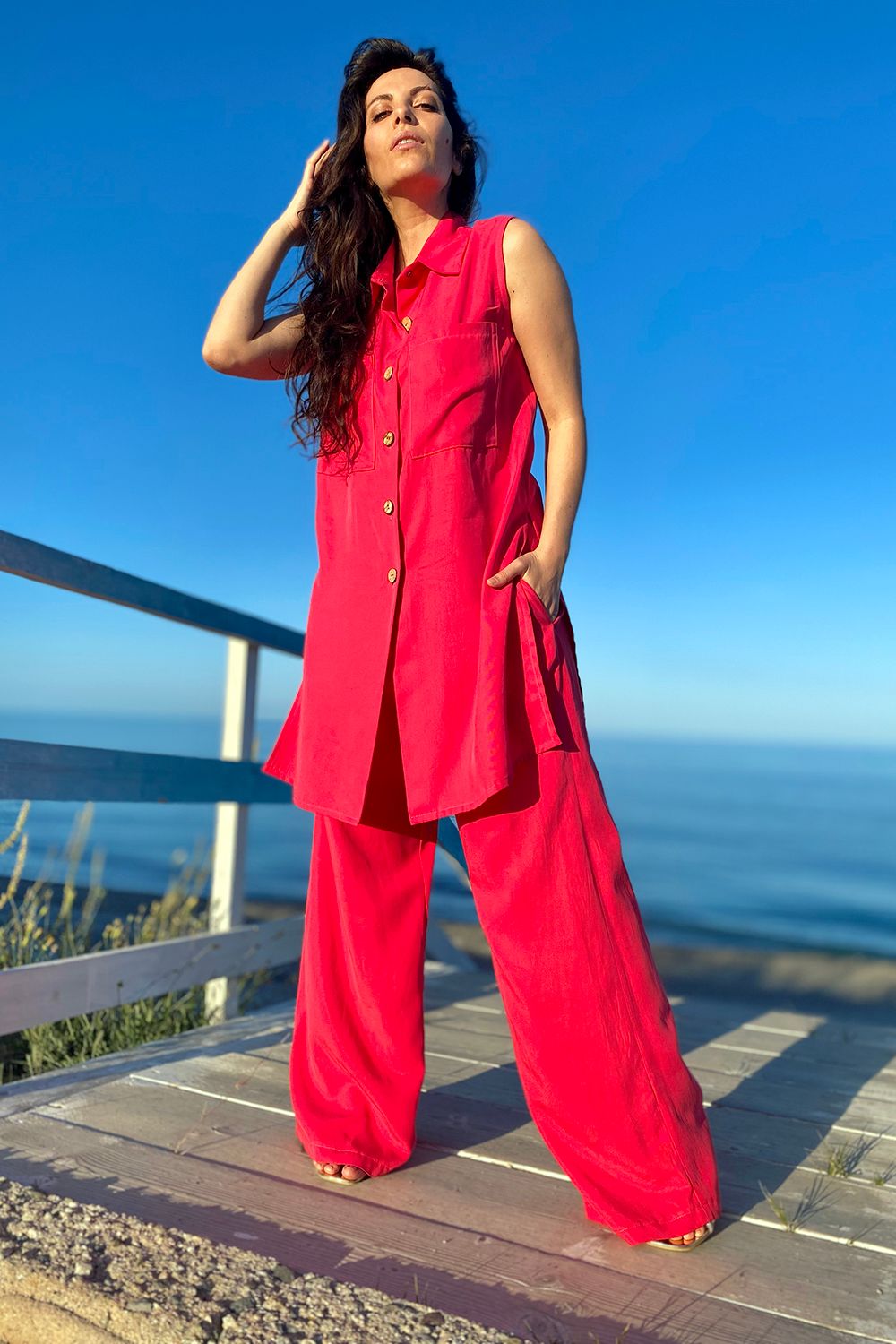 Camicia lunga tencel lyocell abbigliamento sostenibile brand malia lab vestiti ecosostenibili donna dettaglio frontale