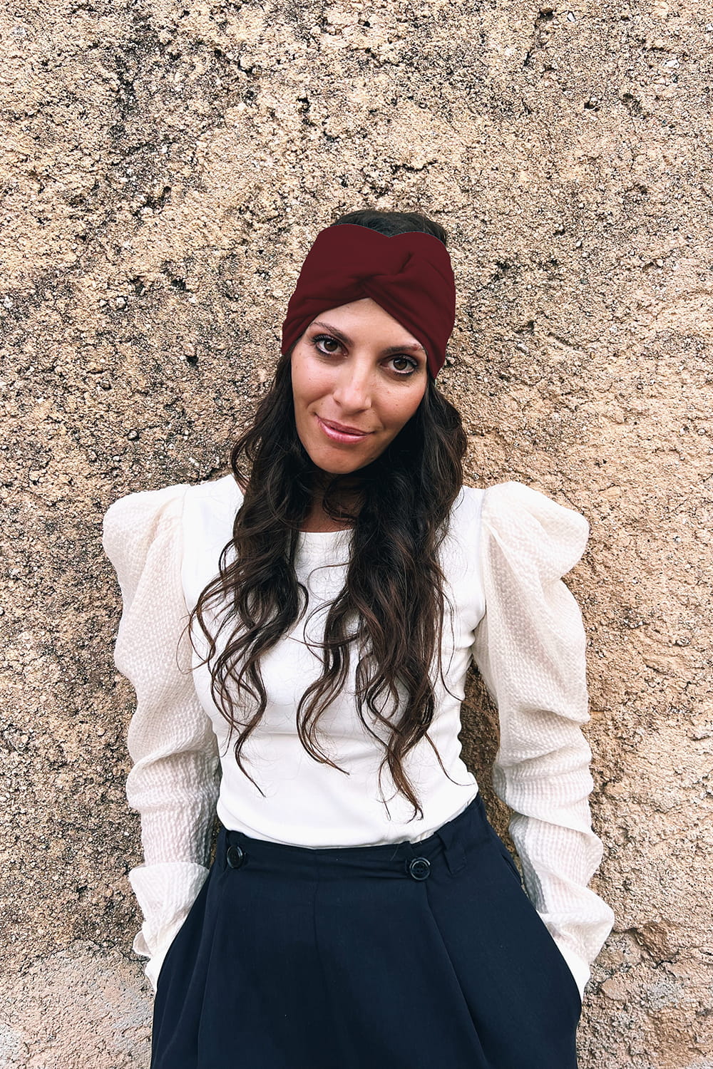 Fascia incrociata Mara accessori di moda sostenibili bordeaux caldo cotone felpato biologico moda sostenibile abbigliamento etico artigianale brand malia lab