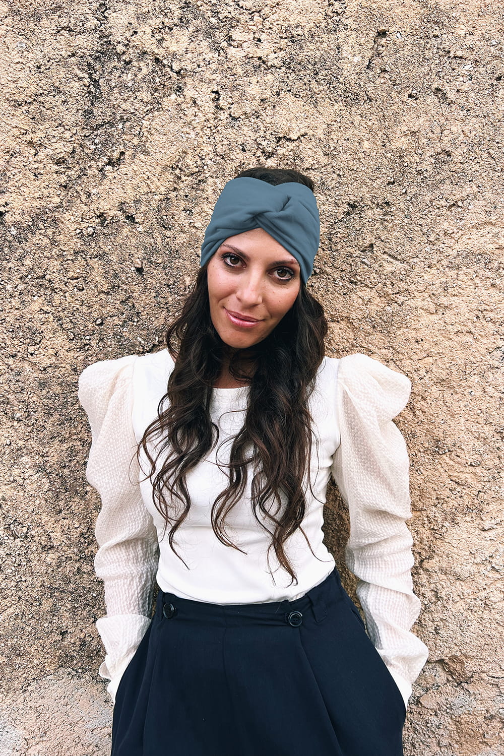 Fascia incrociata Mara accessori di moda sostenibili grigio cielo caldo cotone felpato biologico atelier moda sostenibile abbigliamento etico artigianale