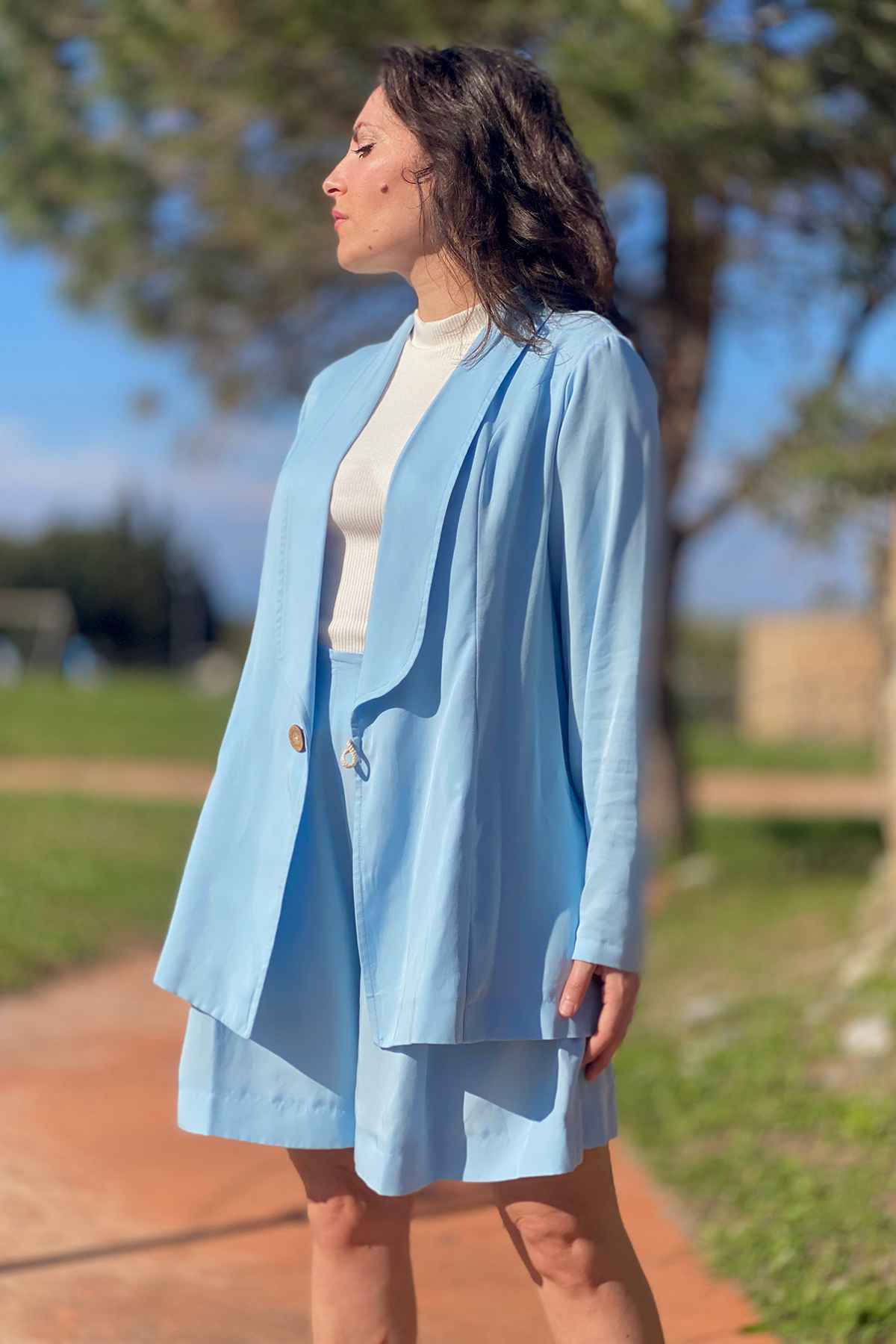 Giacca Paola tencel lyocell brand malia lab abbigliamento sartoriale sostenibile dettaglio