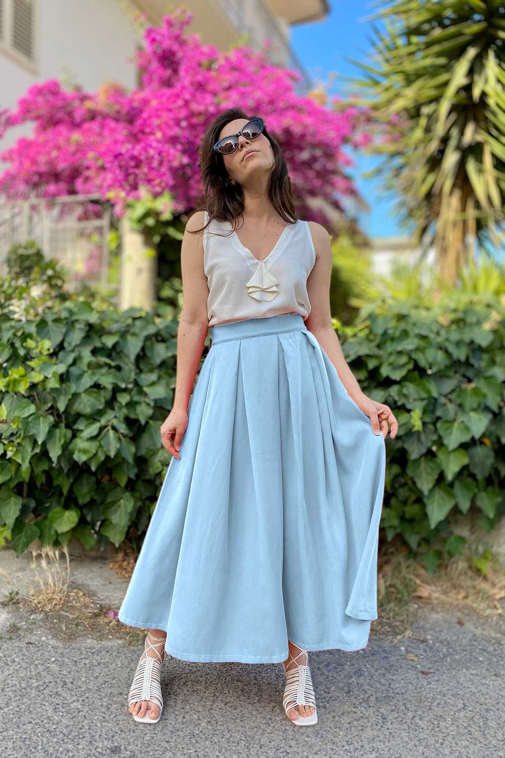 Gonna tencel lyocell abbigliamento sostenibile vestiti ecosostenibili donna brand malia lab gonna sartoriale celeste