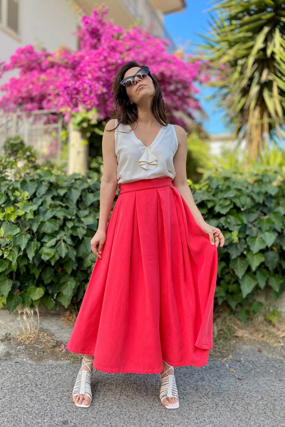 Gonna tencel lyocell abbigliamento sostenibile vestiti ecosostenibili donna brand malia lab gonna sartoriale lampone