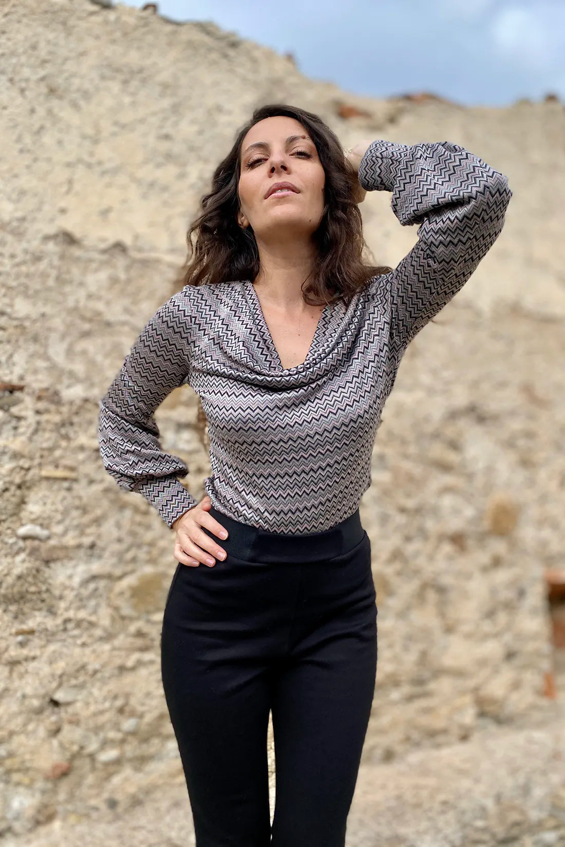 Maglia CANNELLA ecoviscosa vegetale abbigliamento sartoriale sostenibile malia lab fantasia geometrica