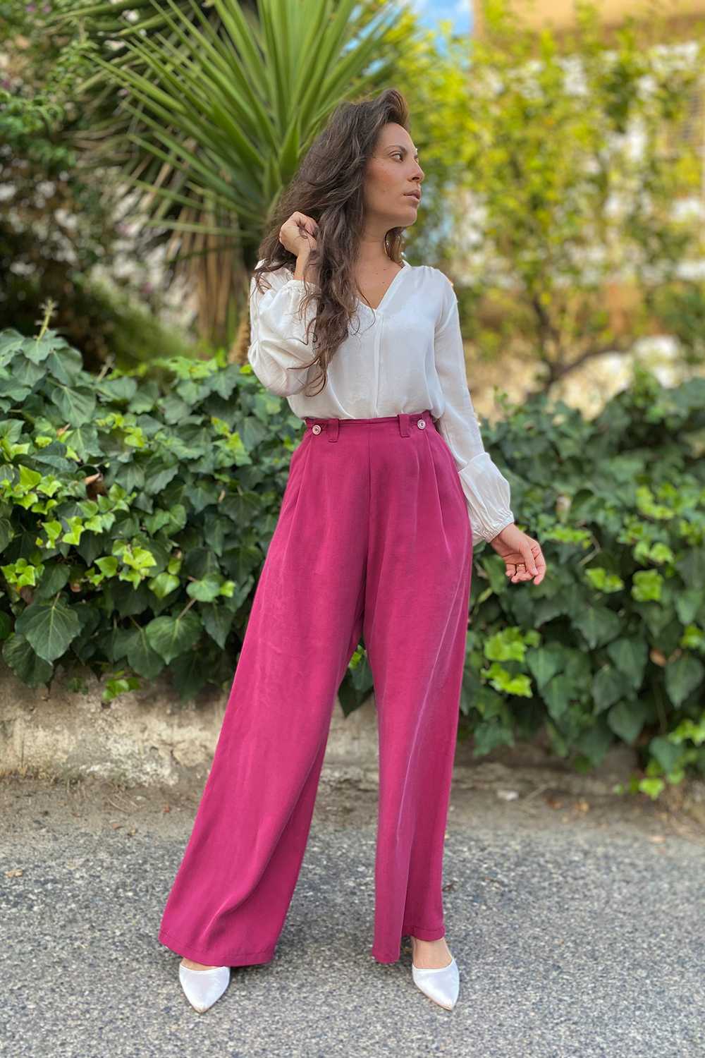 Pantaloni Gabriela tencel lyocell abbigliamento sostenibile brand malia lab vestiti ecosostenibili donna pantaloni sartoriali borgogna