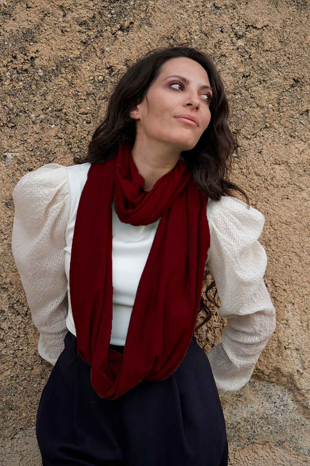 Pashmina SASHA unisex caldo cotone biologico atelier moda sostenibile artigianale abbigliamento etico bordeaux