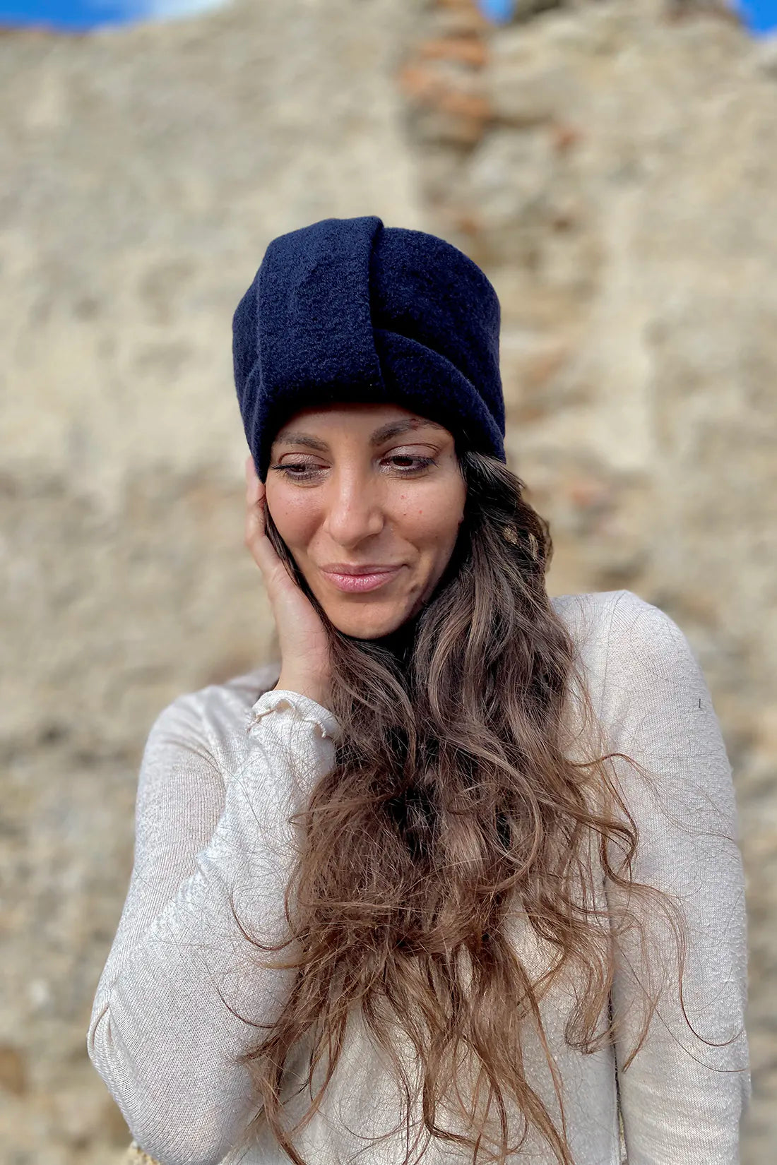 Scaldacollo fascia lana cotta deadstock cotone biologico accessori abbigliamento donna sostenibile malia lab fascia blu notte