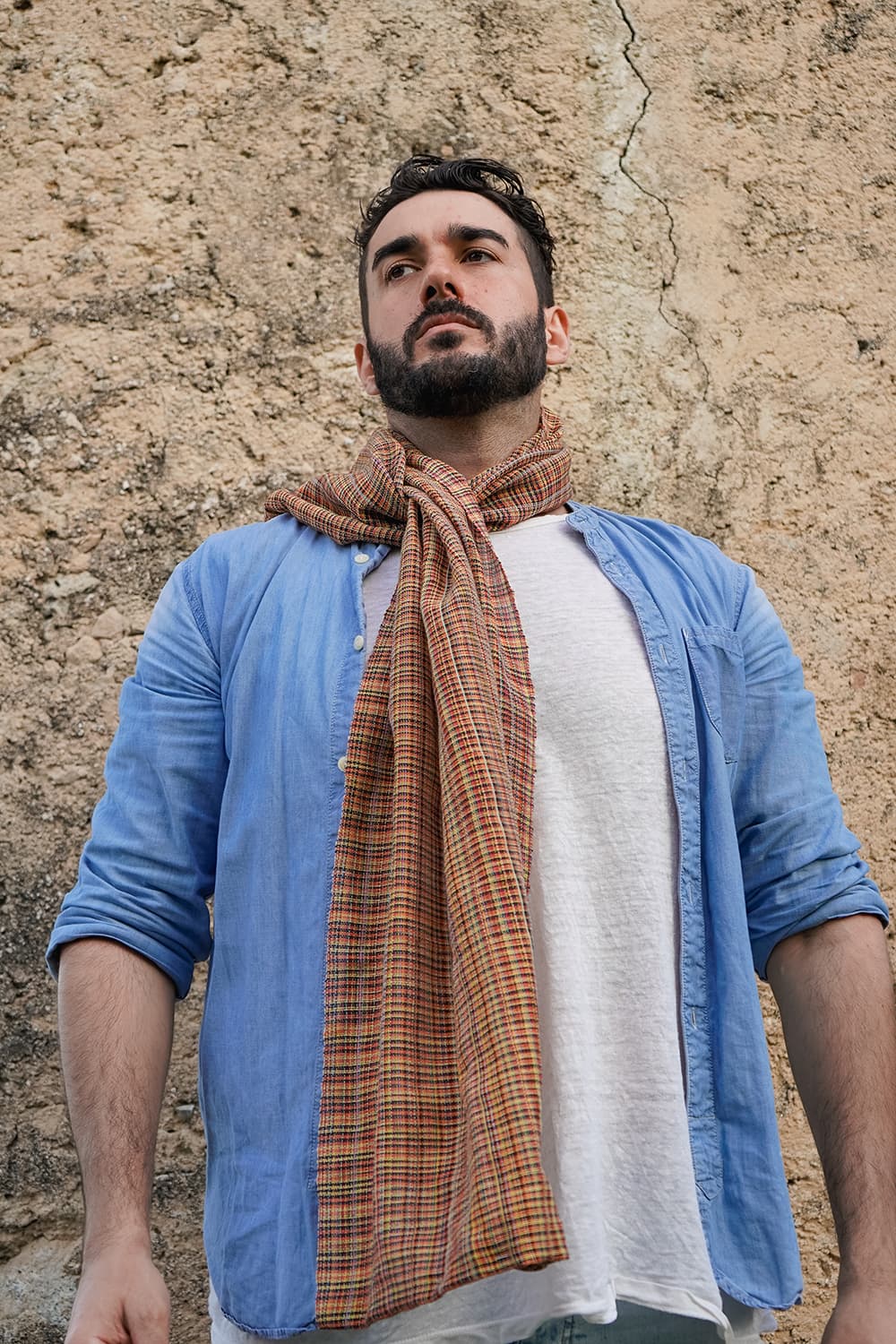 Sciarpa realizzata a telaio manuale calabrese ANDREA unisex Malìa Lab Atelier di moda biologica artigianale etica Accessori Cotone Malìa Lab dettaglio lunghezza