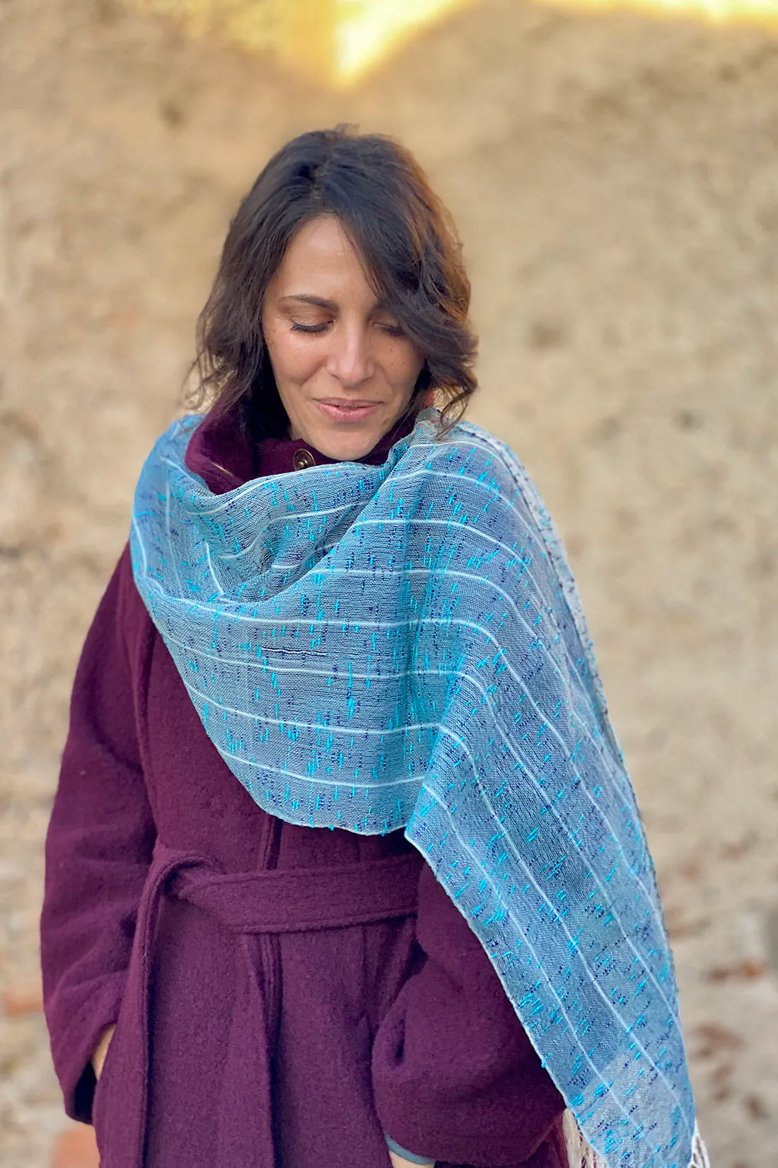 Sciarpa MOSQUITO light multicolore telaio tradizionale accessori artigianali sostenibili malia lab azzurra