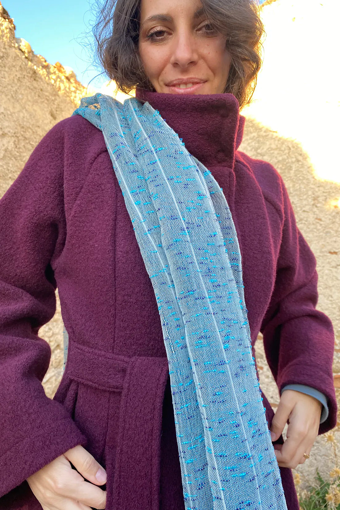 Sciarpa MOSQUITO light multicolore telaio tradizionale accessori artigianali sostenibili malia lab celeste