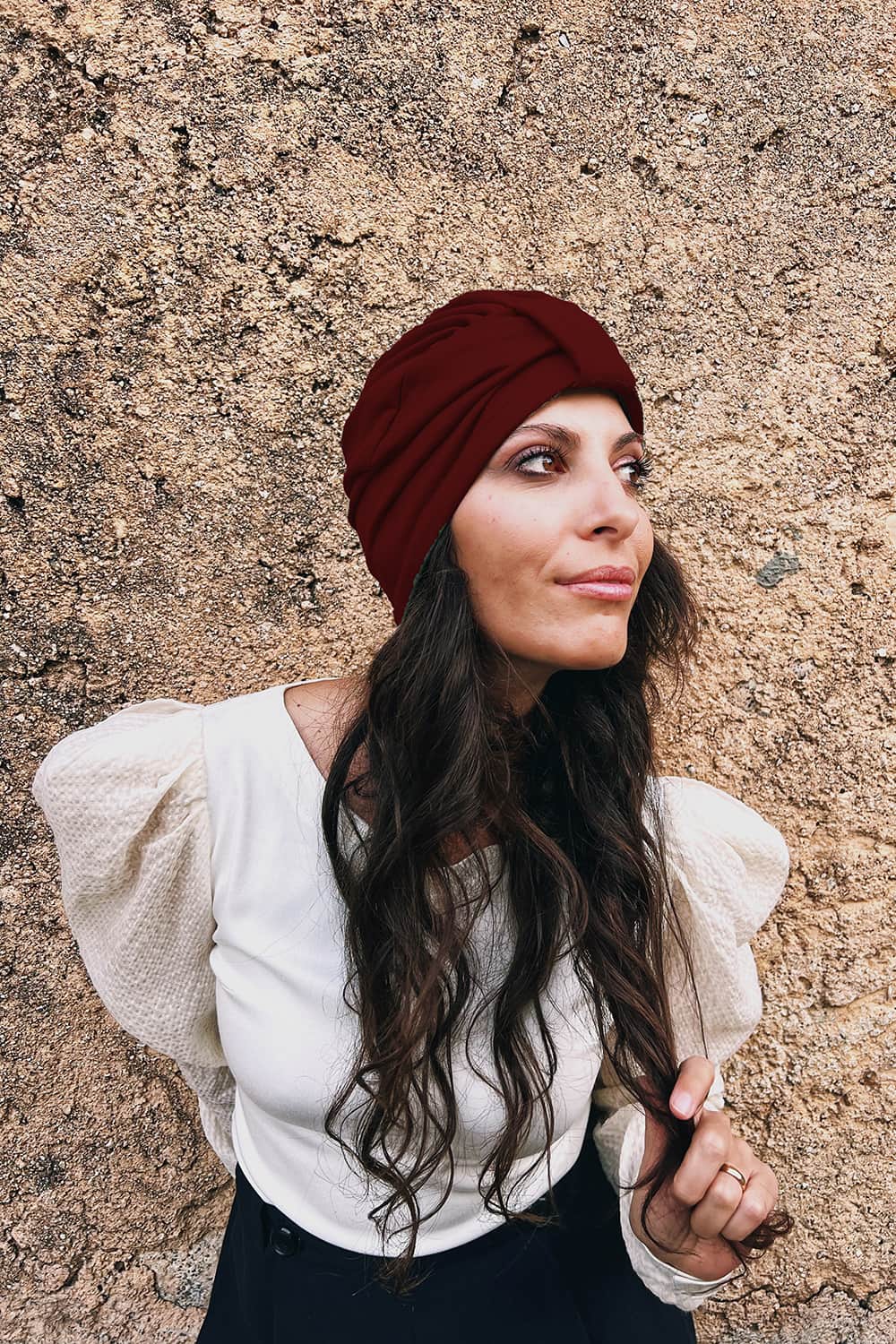 Turbante BEA bordeaux caldo cotone felpato biologico atelier moda sostenibile abbigliamento etico artigianale 23 euro