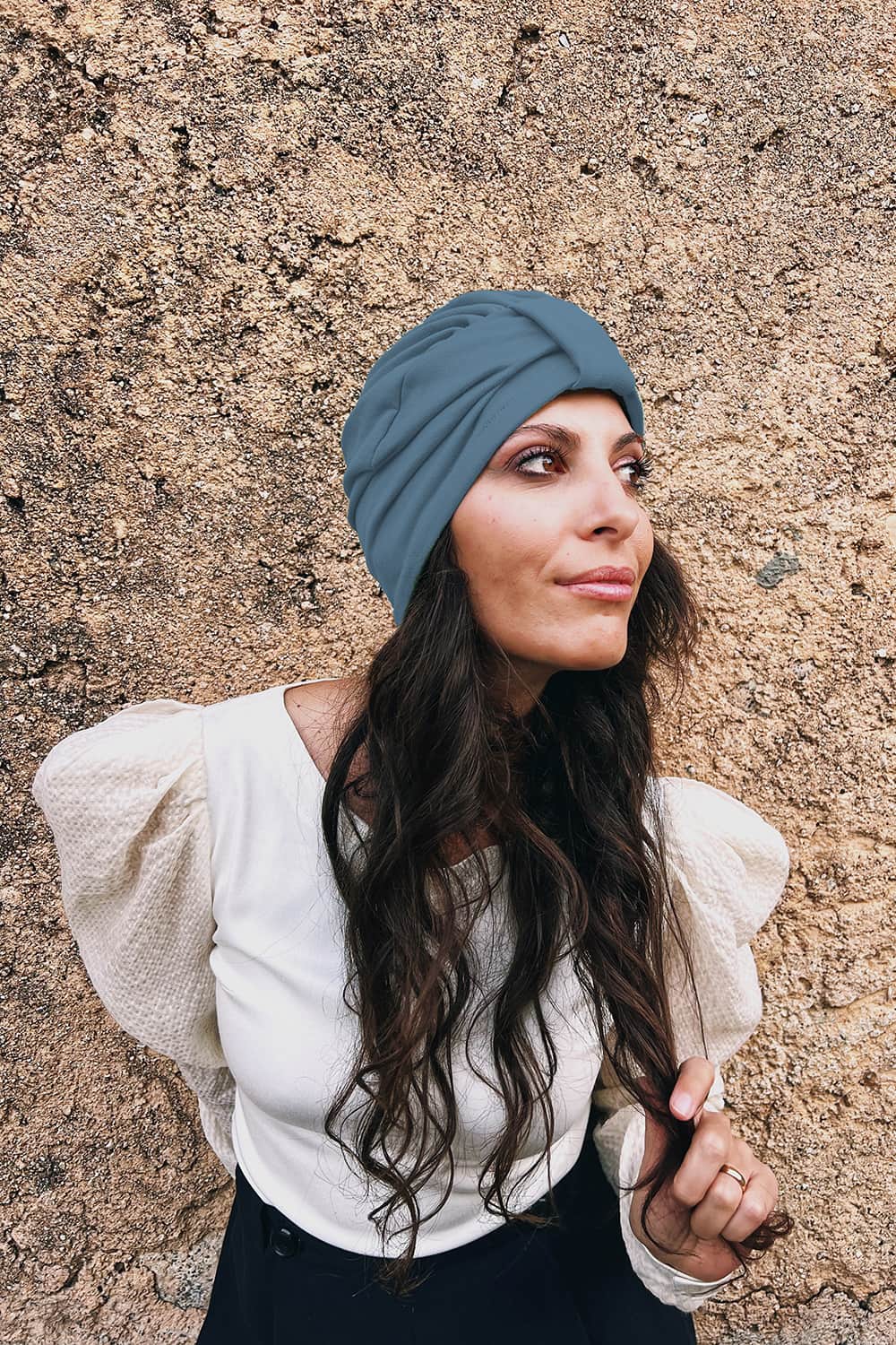 Turbante BEA grigio caldo cotone felpato biologico atelier moda sostenibile abbigliamento etico artigianale 23 euro