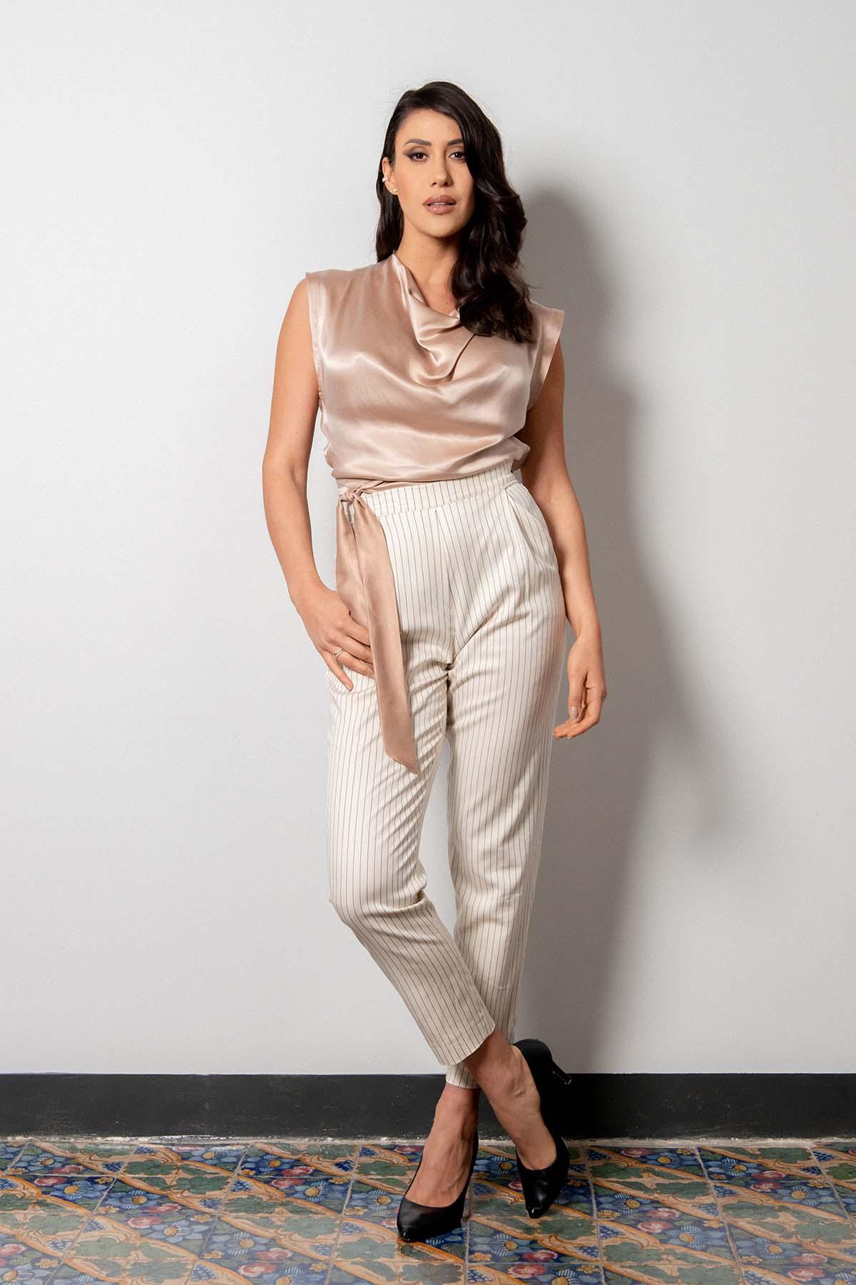 Pantalone gessato capri Ada lyocell seacell abbigliamento sartoriale artigianale etico atelier brand malia lab tessuti naturali pantalone sartoriale su misura