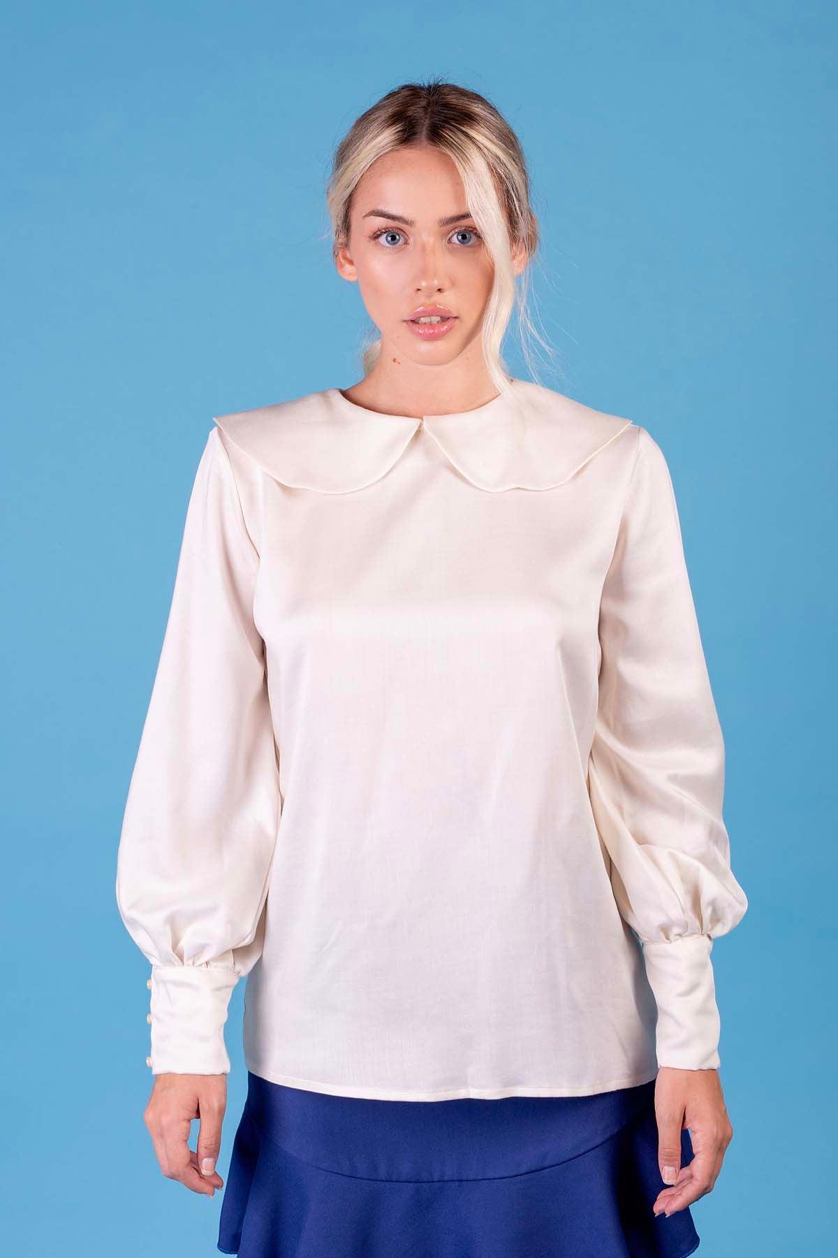 Camicia Oslo lyocell seacell brand malia lab moda artigianale etica abbigliamento sostenibile vestiti sostenibili donna in fibre naturali made in italy camicia su misura camicie sostenibili vista frontale