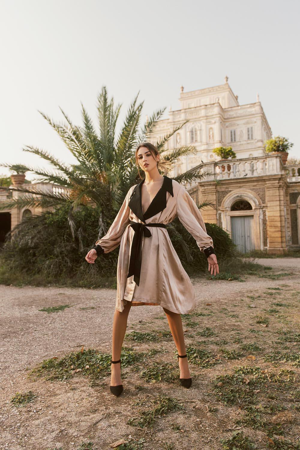 Chemisier Abito camicia Londra elegante cupro effetto scivolato vestibilita comoda brand malia lab moda artigianale etica abbigliamento sostenibile vestiti sostenibili donna in fibre naturali made in italy vista frontale