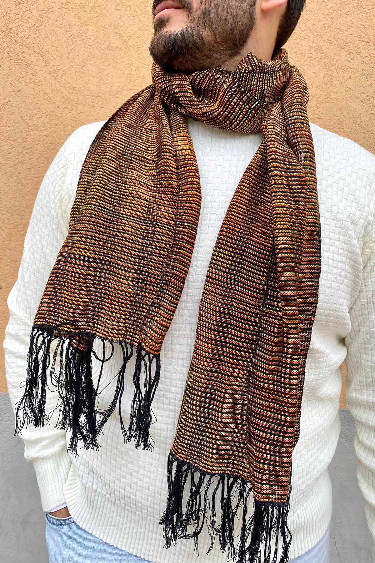 Sciarpa ANDREA unisex realizzata a telaio manuale calabrese etica Accessori Cotone color ruggine e arancione Malìa Lab Atelier di moda biologica artigianale abbigliamento artigianale