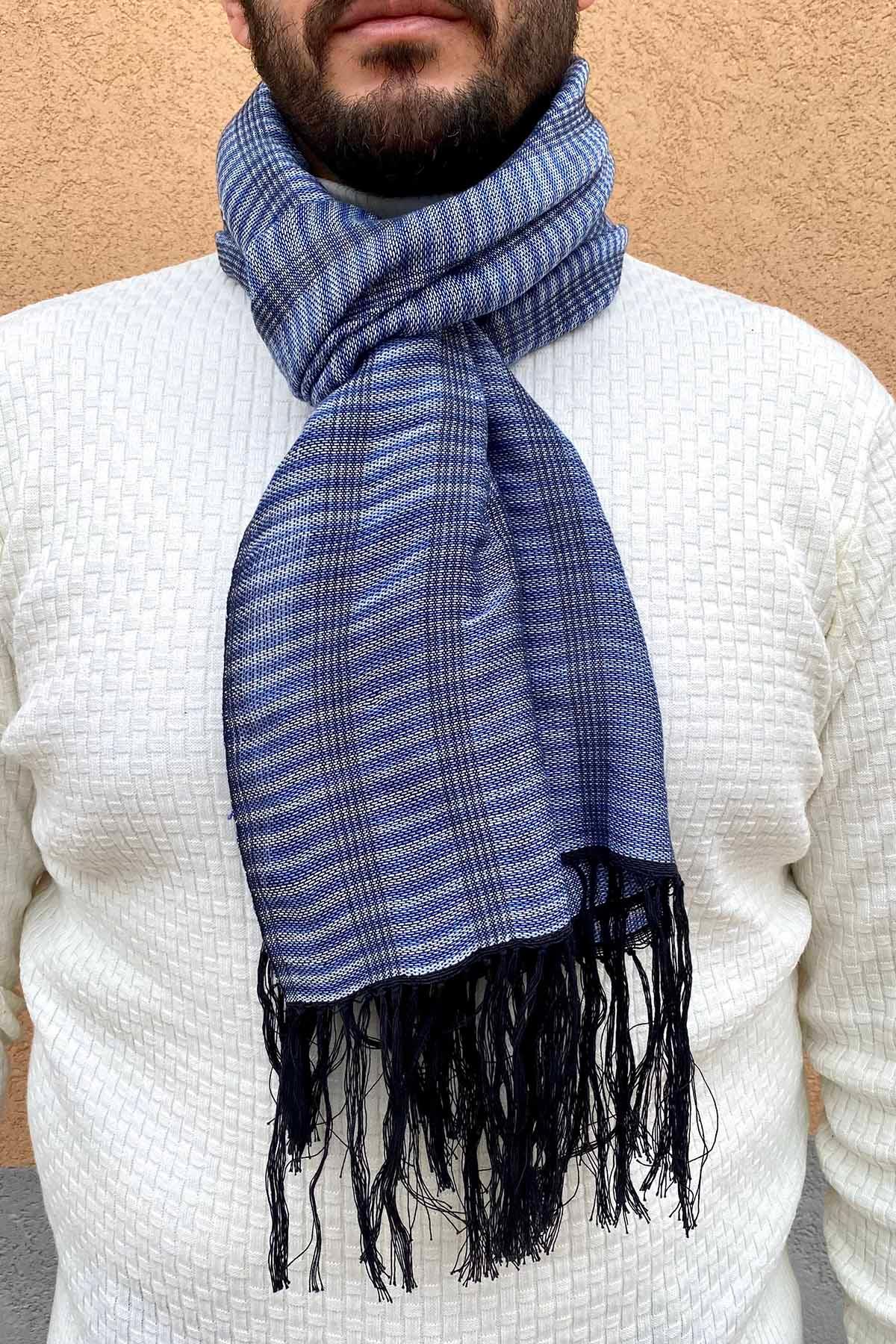 Sciarpa ANDREA unisex realizzata a telaio manuale calabrese Malìa Lab Atelier di moda biologica artigianale etica Accessori Cotone colore blu e nero