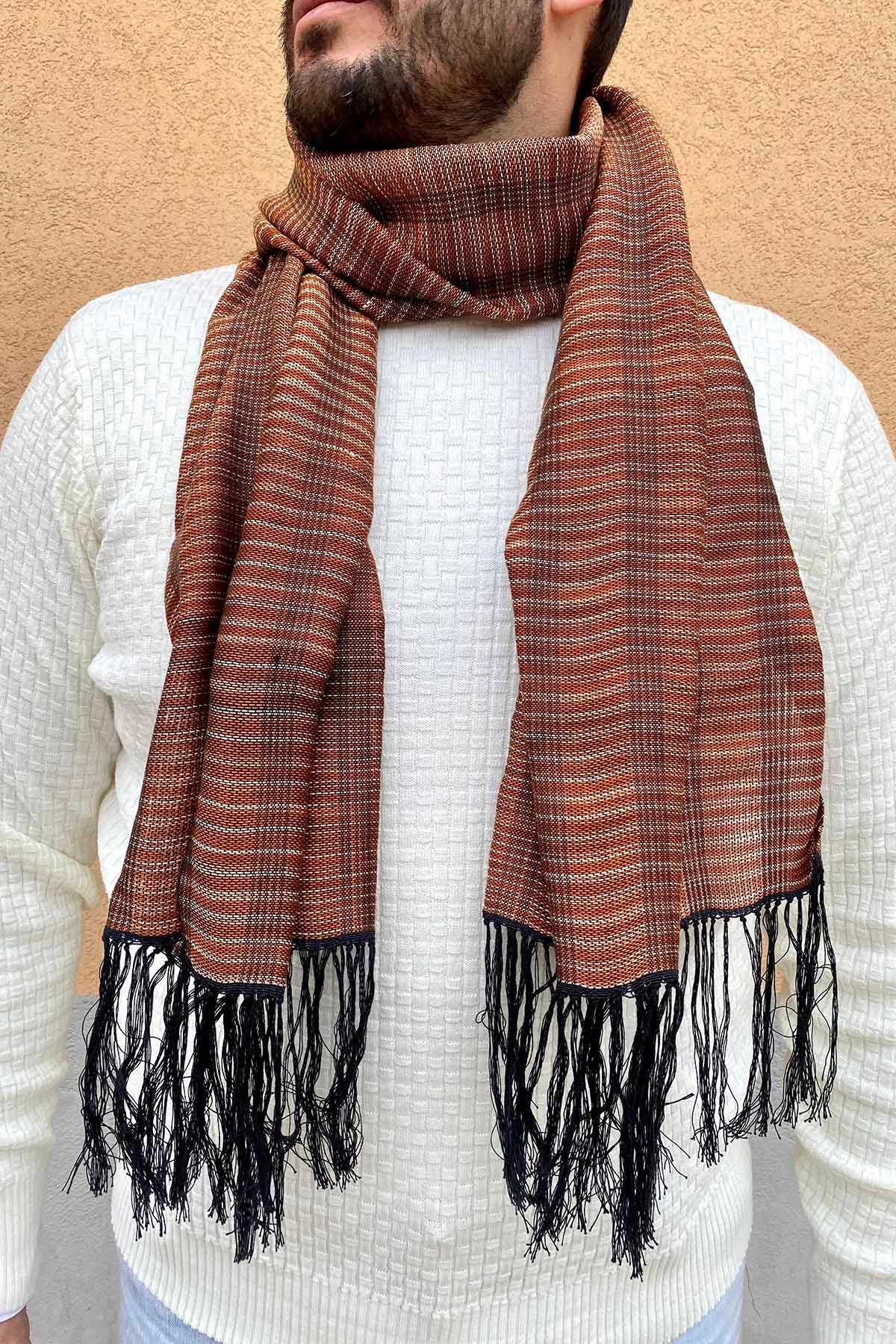 Sciarpa ANDREA unisex realizzata a telaio manuale calabrese Malìa Lab Atelier di moda biologica artigianale etica Accessori Cotone color ruggine e arancione