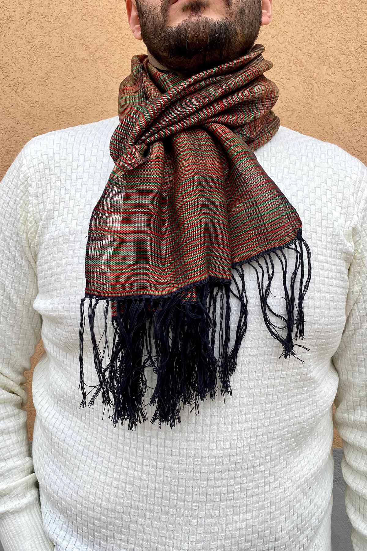 Sciarpa ANDREA unisex realizzata a telaio manuale calabrese etica Accessori Cotone color ruggine e arancione Malìa Lab Atelier di moda biologica artigianale