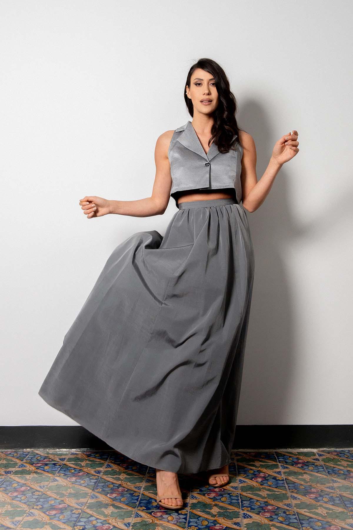 Gonna Atene cupro cotone biologico tessuti sostenibili svasato brand malia lab artigianale sartoria abbigliamento sostenibile gonna sartoriale gonna su misura vestiti ecosostenibili donna