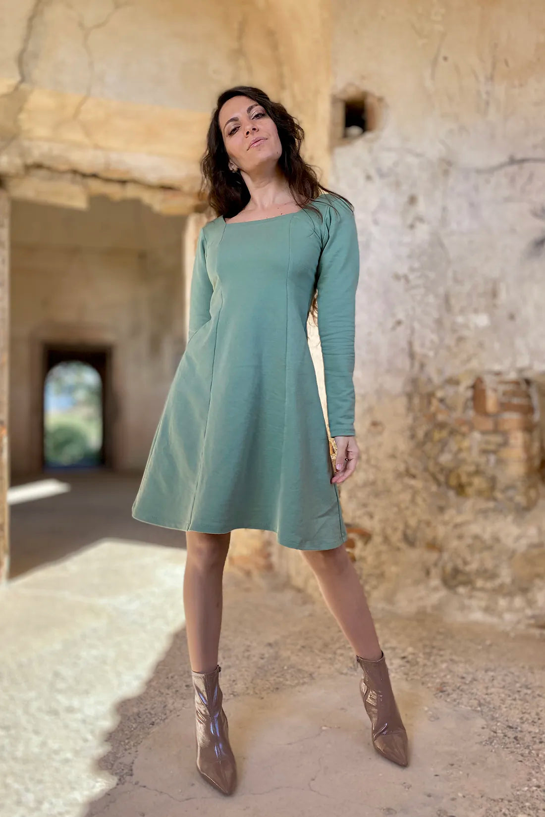 Abito EMMA cotone biologico felpato abbigliamento sostenibile malia lab moda sartoriale artigianale
