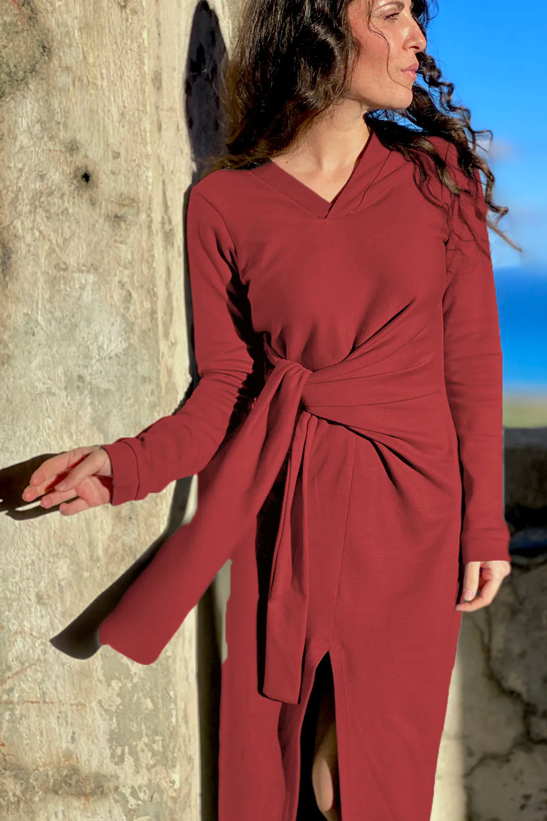 Abito Elisabetta cotone biologico felpato abbigliamento sostenibile malia lab colore rosso
