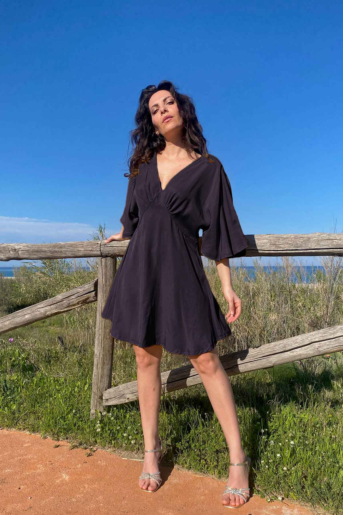 Abito Raquel tencel lyocell brand malia lab abbigliamento sartoriale etico blu notte
