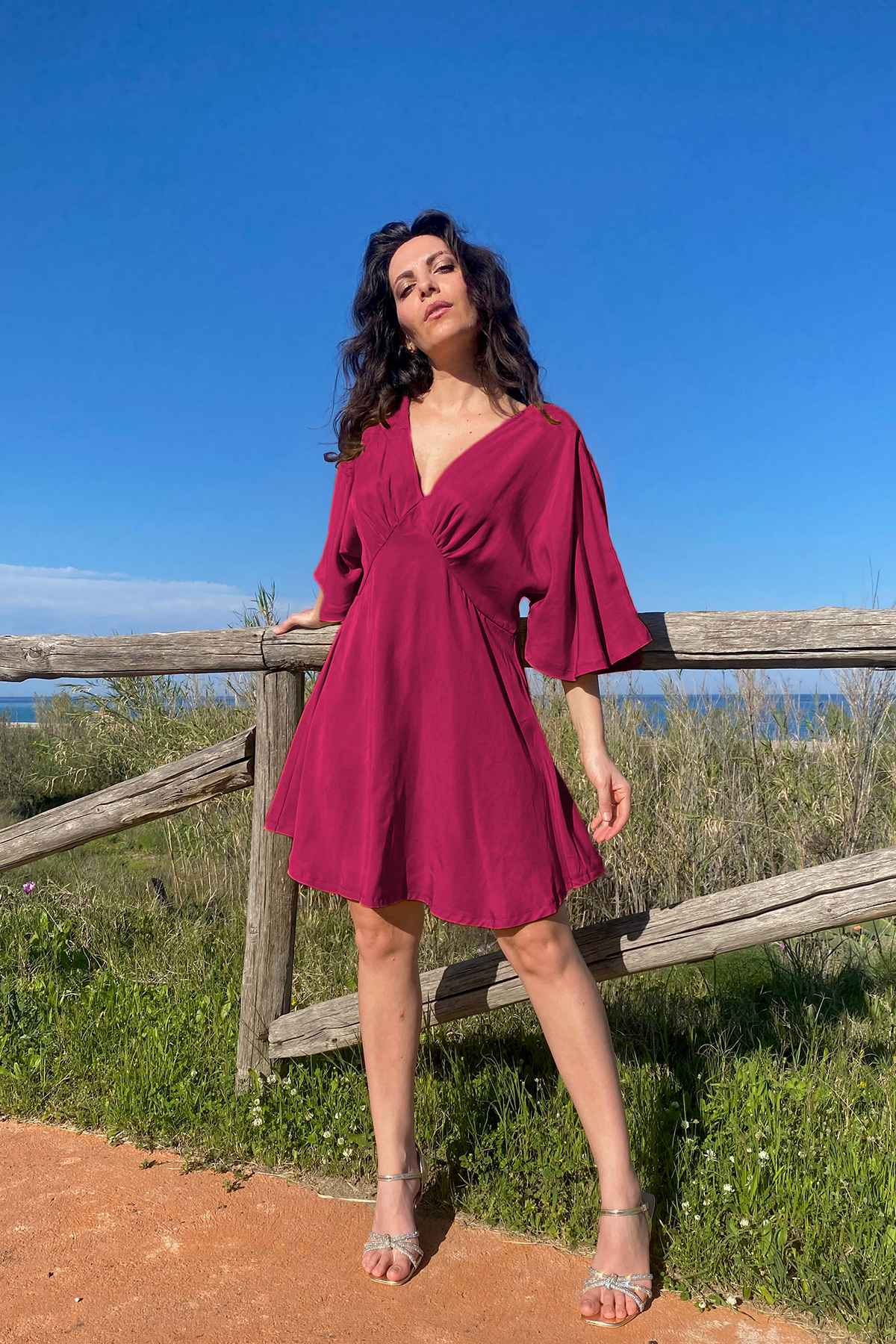 Abito Raquel tencel lyocell brand malia lab abbigliamento sartoriale etico borgogna
