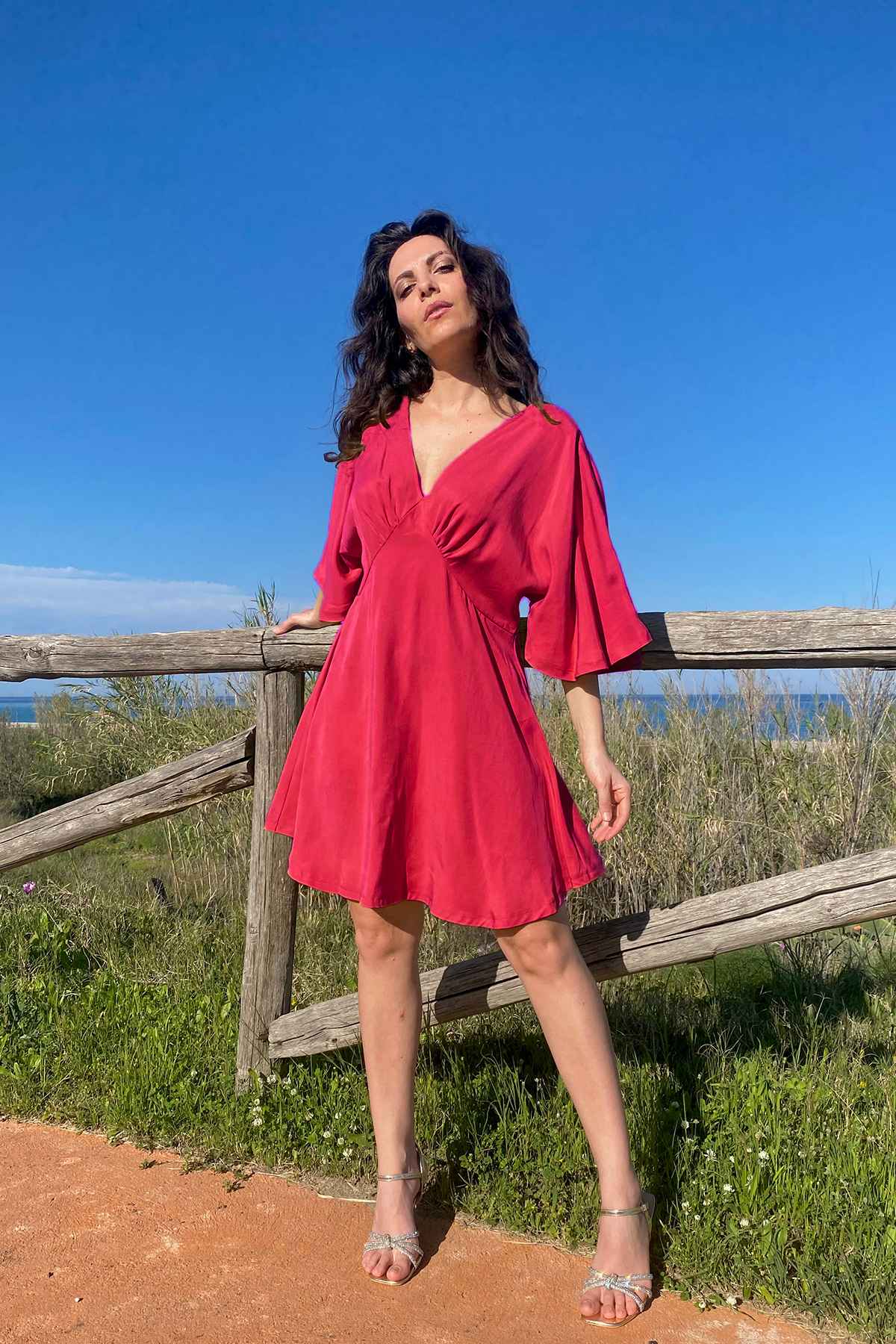Abito Raquel tencel lyocell brand malia lab abbigliamento sartoriale etico lampone