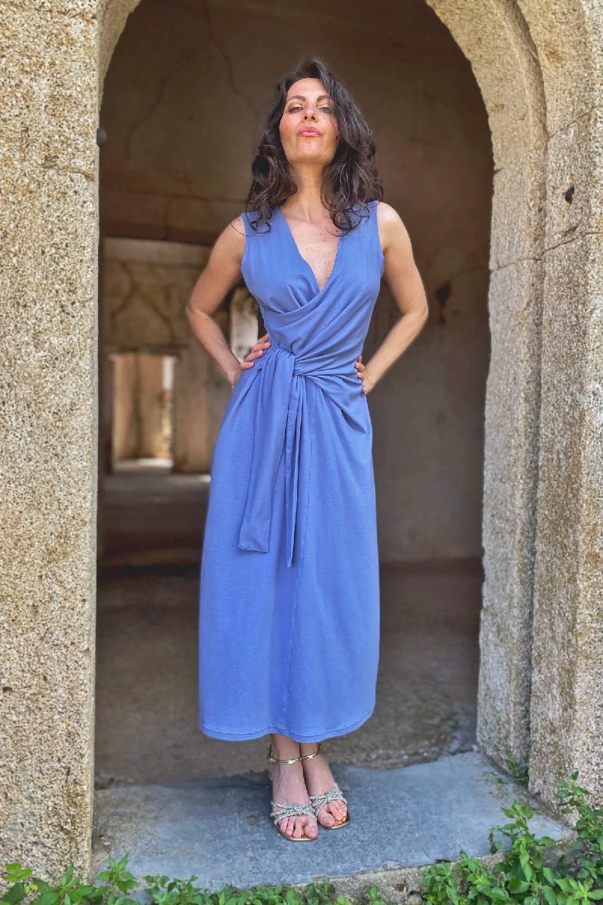 Abito lisette jersey cotone abbigliamento sartoriale brand etico sostenibile malia lab plumbago
