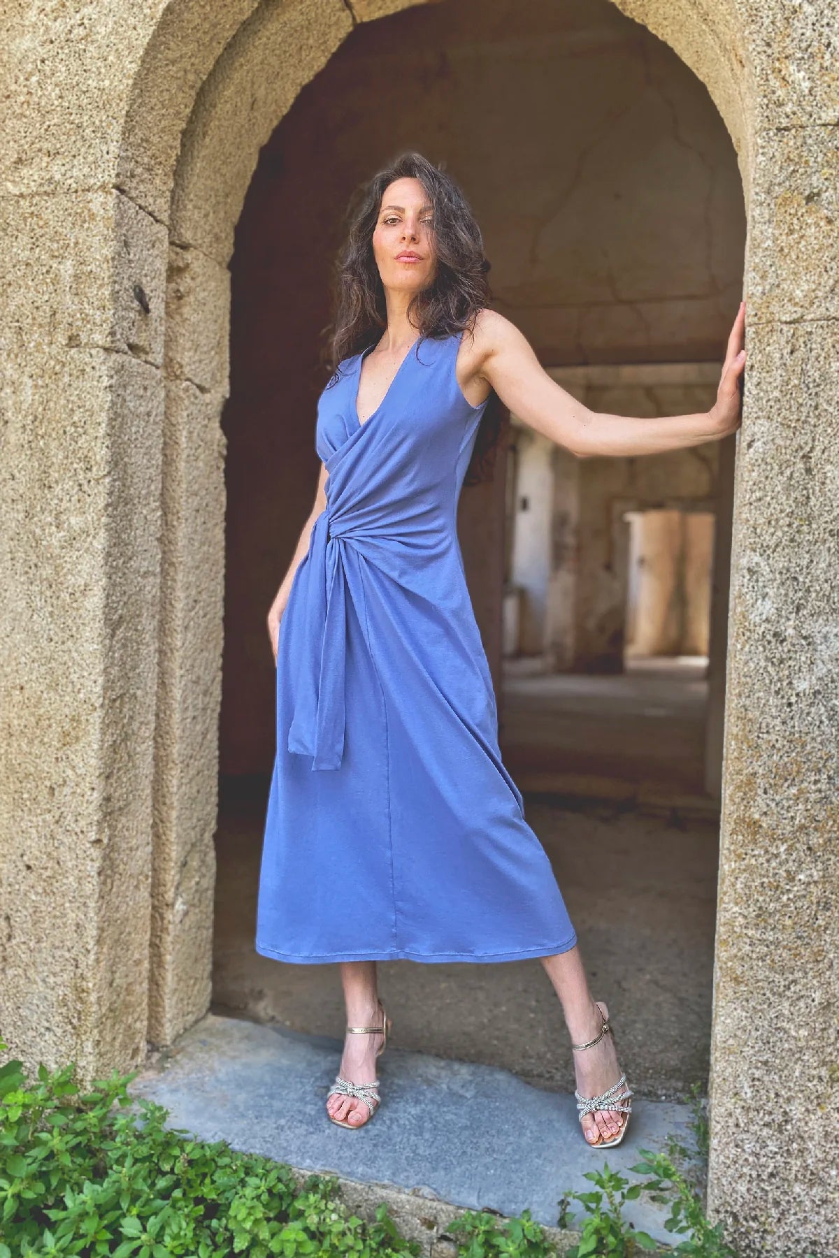 Abito lisette jersey cotone abbigliamento sostenibile sartoriale brand etico malia lab plumbago
