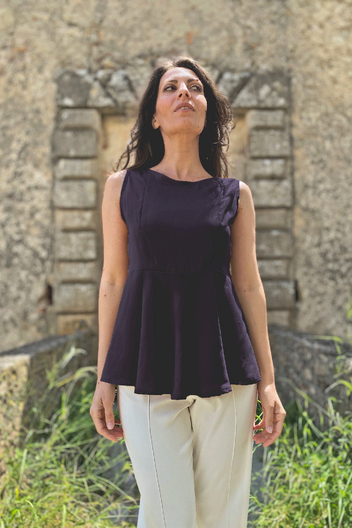 Blusa Irma ruota tencel lyocell abbigliamento sartoriale etico sostenibile brand malia lab dettaglio blu

