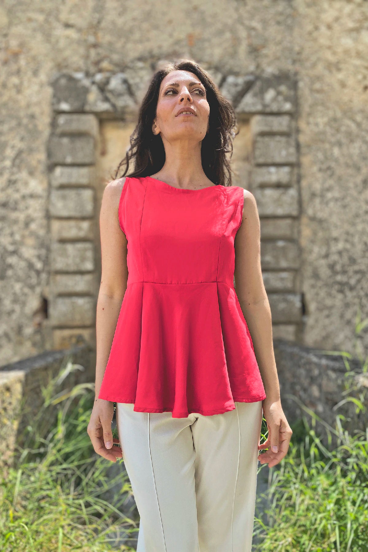 Blusa Irma ruota tencel lyocell abbigliamento sartoriale etico sostenibile brand malia lab dettaglio lampone
