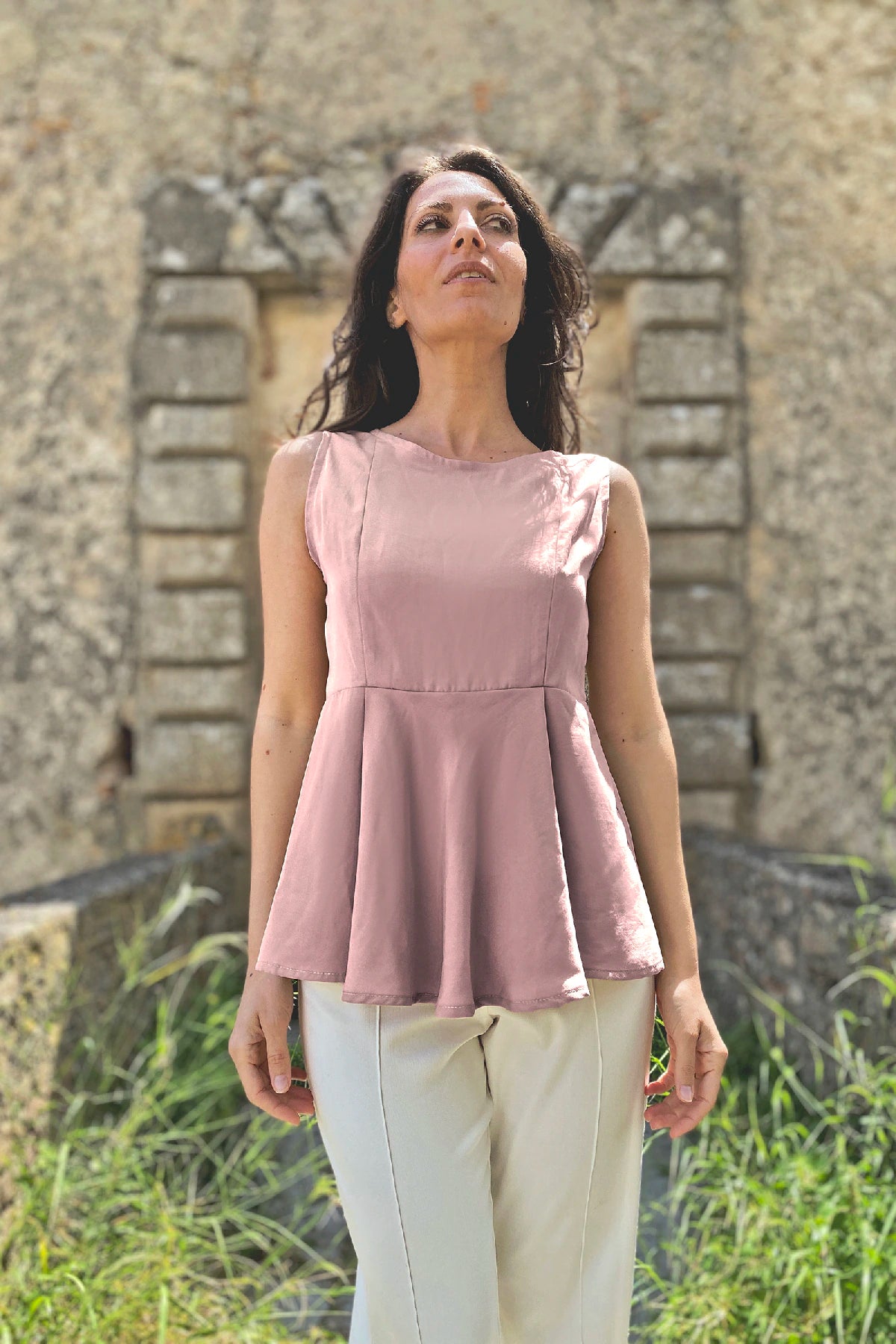 Blusa Irma ruota tencel lyocell abbigliamento sartoriale etico sostenibile brand malia lab dettaglio rosa
