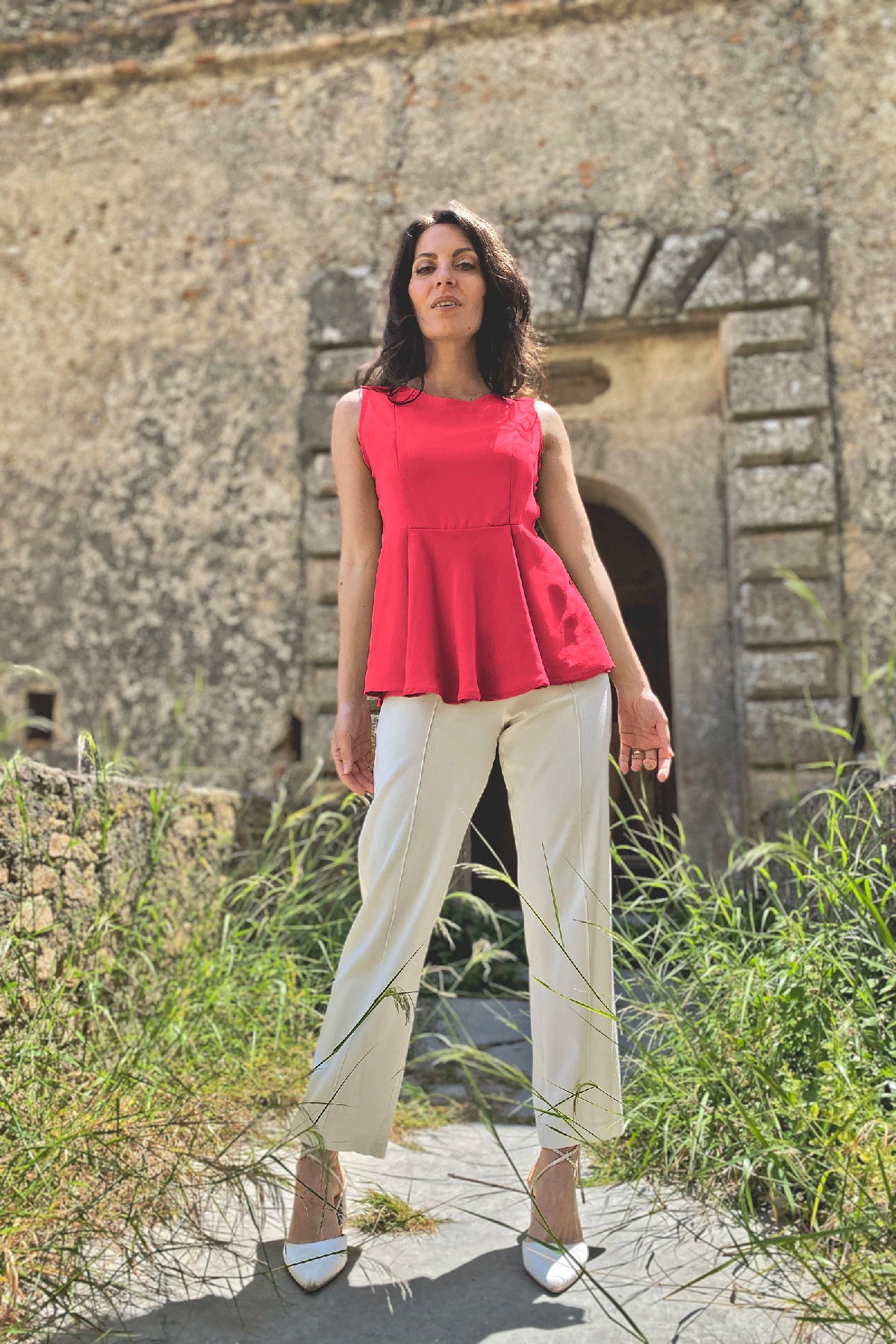 Blusa Irma ruota tencel lyocell pantalone chiara abbigliamento sartoriale etico sostenibile brand malia lab lampone
