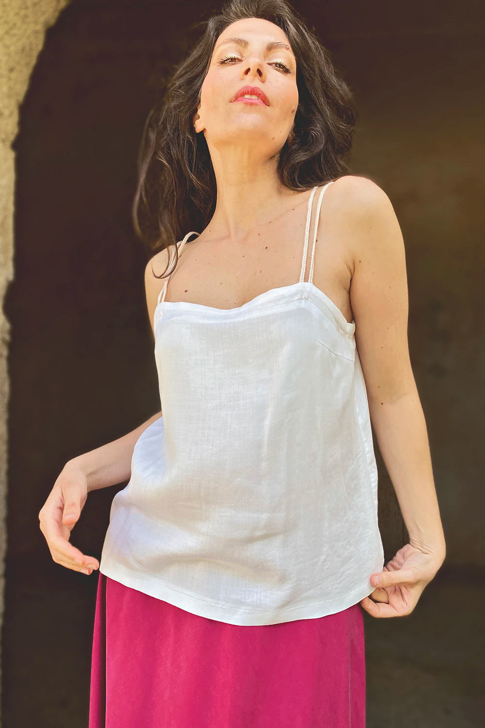 Canottiera Perla lyocell seacell abbigliamento sostenibile artigianale brand malia lab dettaglio frontale
