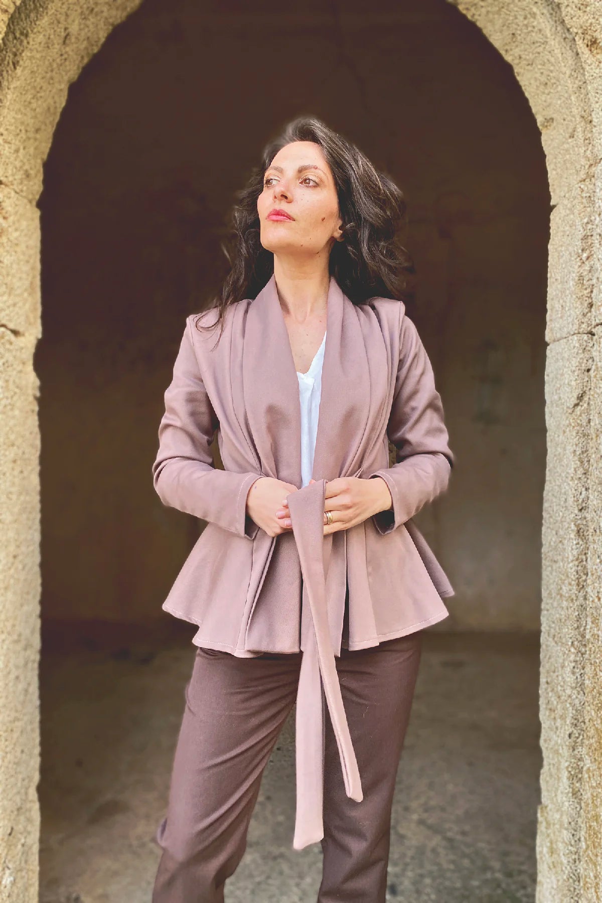 Cardigan Vivi cotone malva abbigliamento sostenibile sartoriale brand etico malia lab

