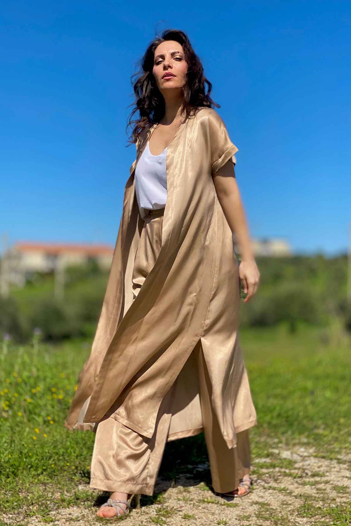 Cardigan kimono Petra cupro seacell lyocell brand malia lab abbigliamento sartoriale made in italy dettaglio laterale
