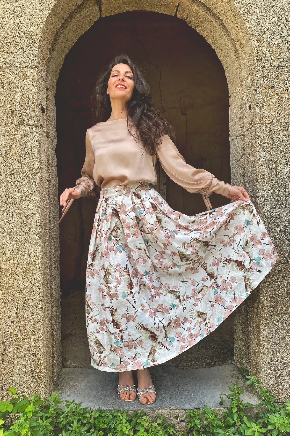 Gonna Ester lino stampato abbigliamento sartoriale sostenibile brand etico malia lab vestibilita ampia

