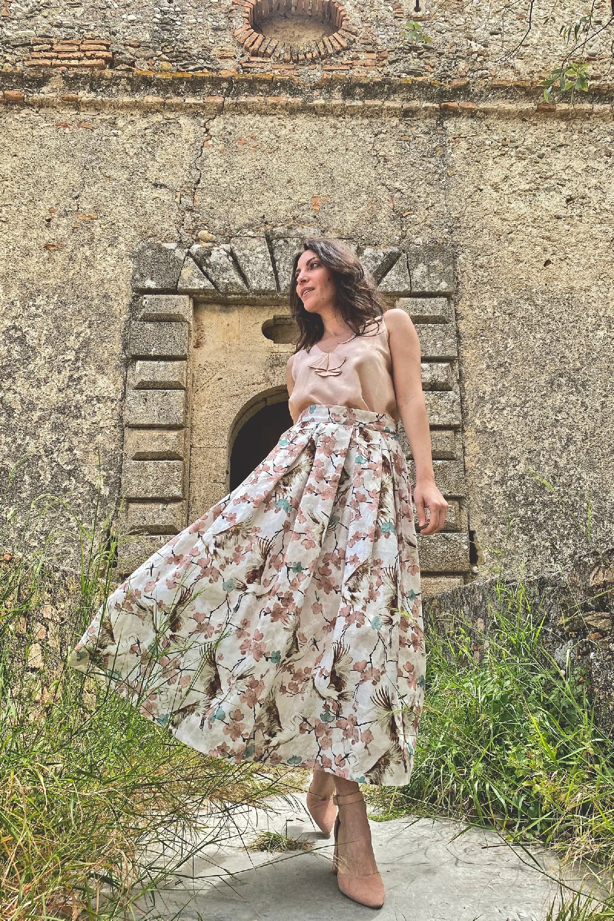 Gonna Ester lino stampato abbigliamento sartoriale sostenibile brand etico malia lab
