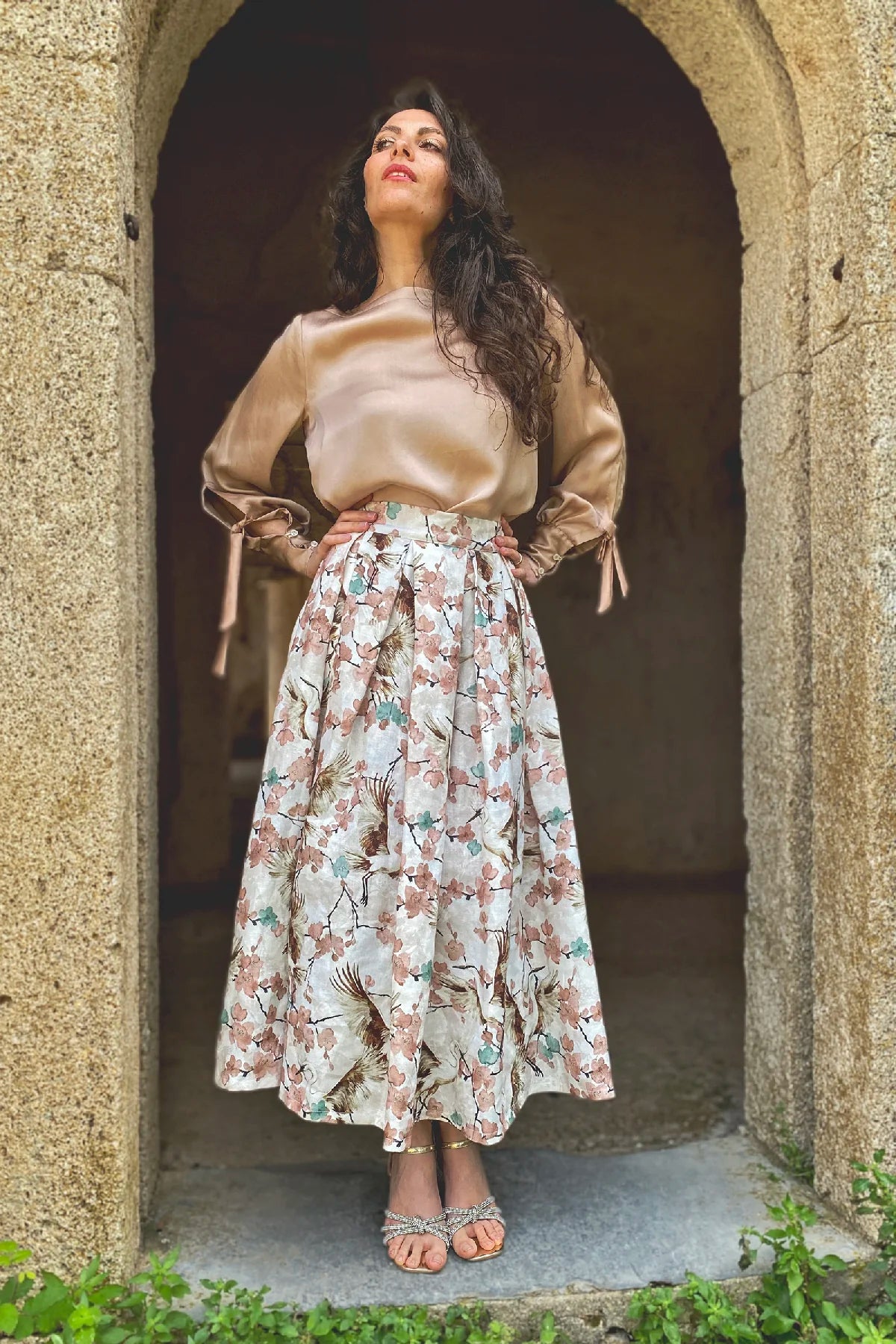 Gonna Ester lino stampato abbigliamento sartoriale sostenibile brand malia lab ampia
