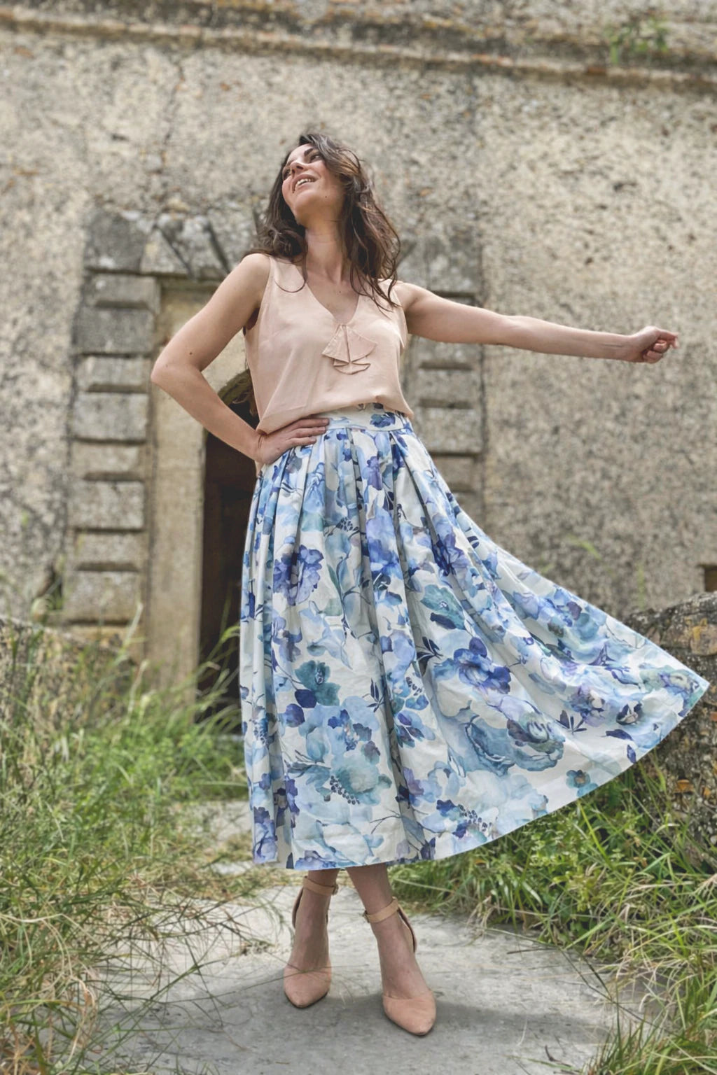 Gonna Ester lino stampato blu
