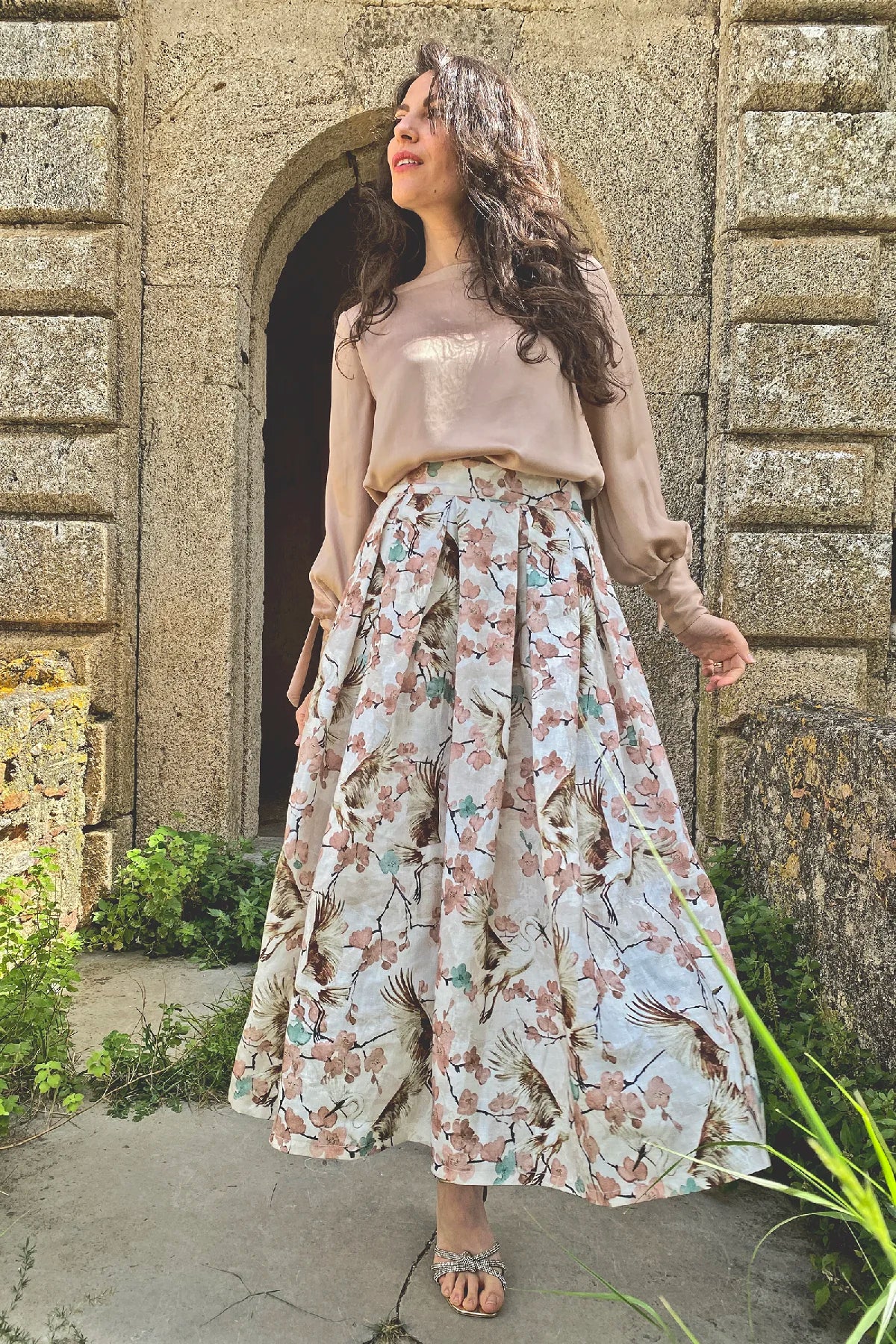 Gonna Ester lino stampato blusa firenze cupro abbigliamento sartoriale sostenibile brand etico malia lab
