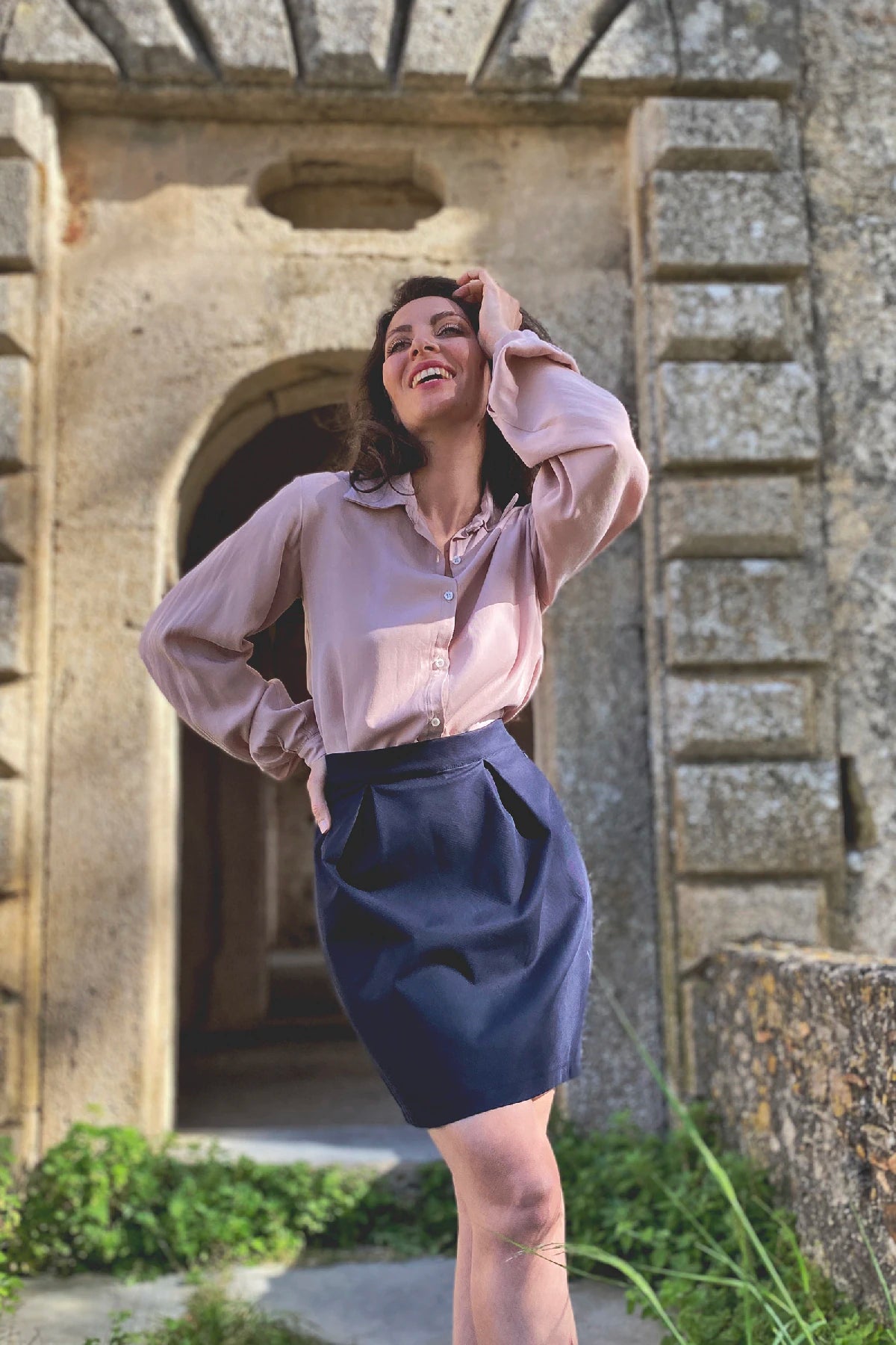Gonna Mirela anfora camicia Veronica cotone comoda abbigliamento etico artigianale sartoriale brand malia lab
