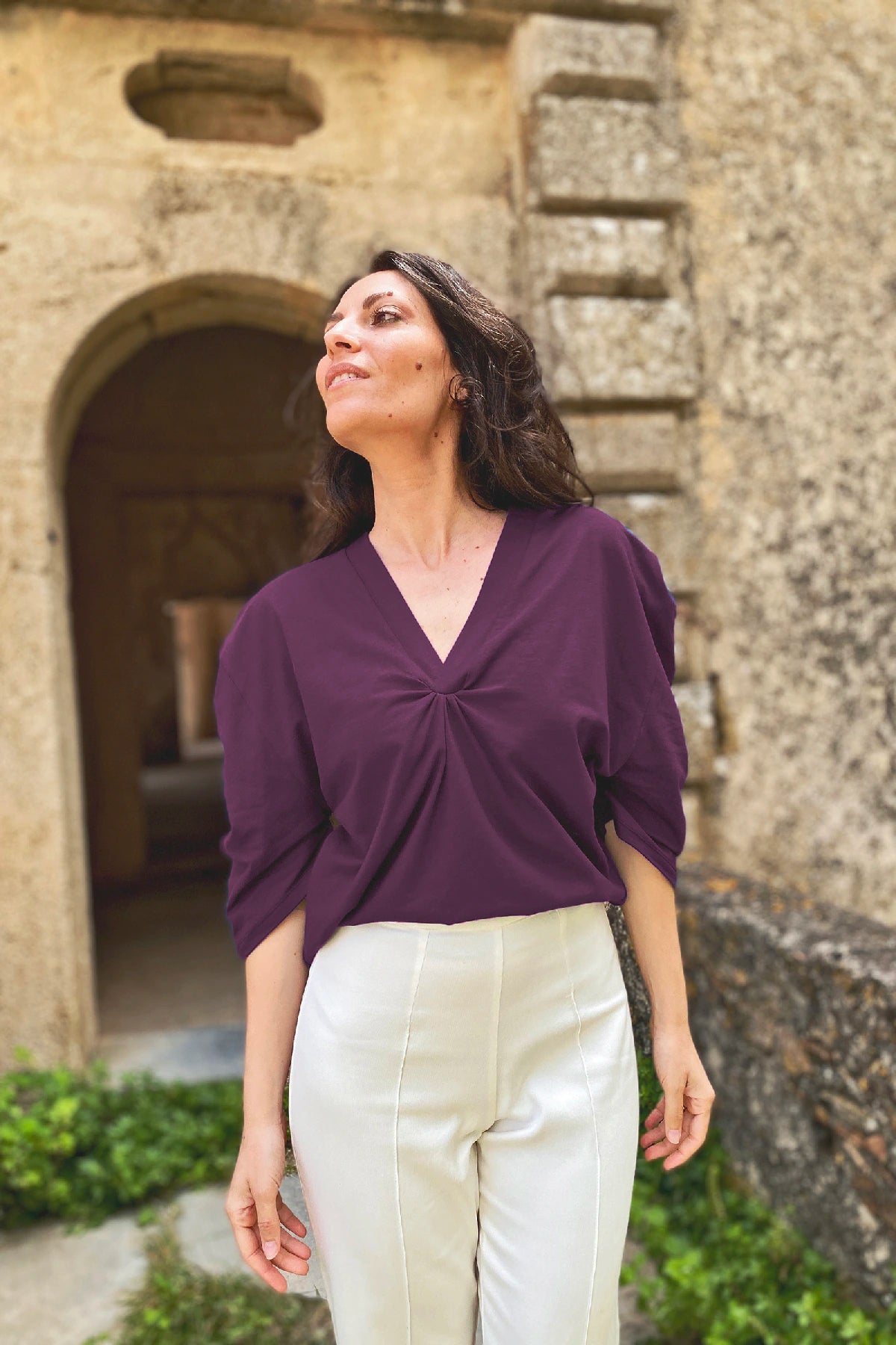 Maglia Lidia jersey cotone abbigliamento sostenibile sartoriale brand malia lab prugna
