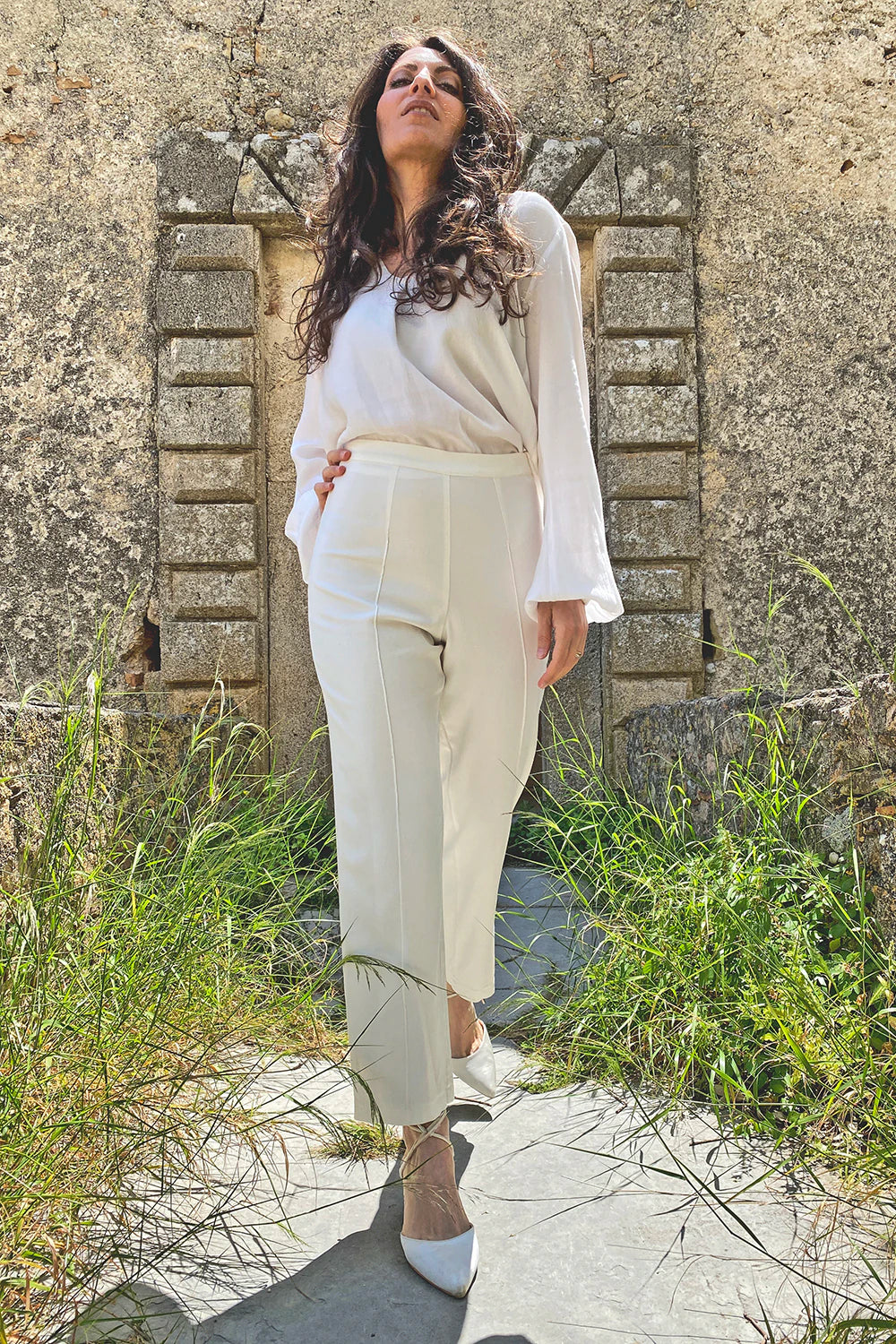 Pantalone Chiara bamboo ecologico abbigliamento sartoriale sostenibile brand artigianale malia lab frontale
