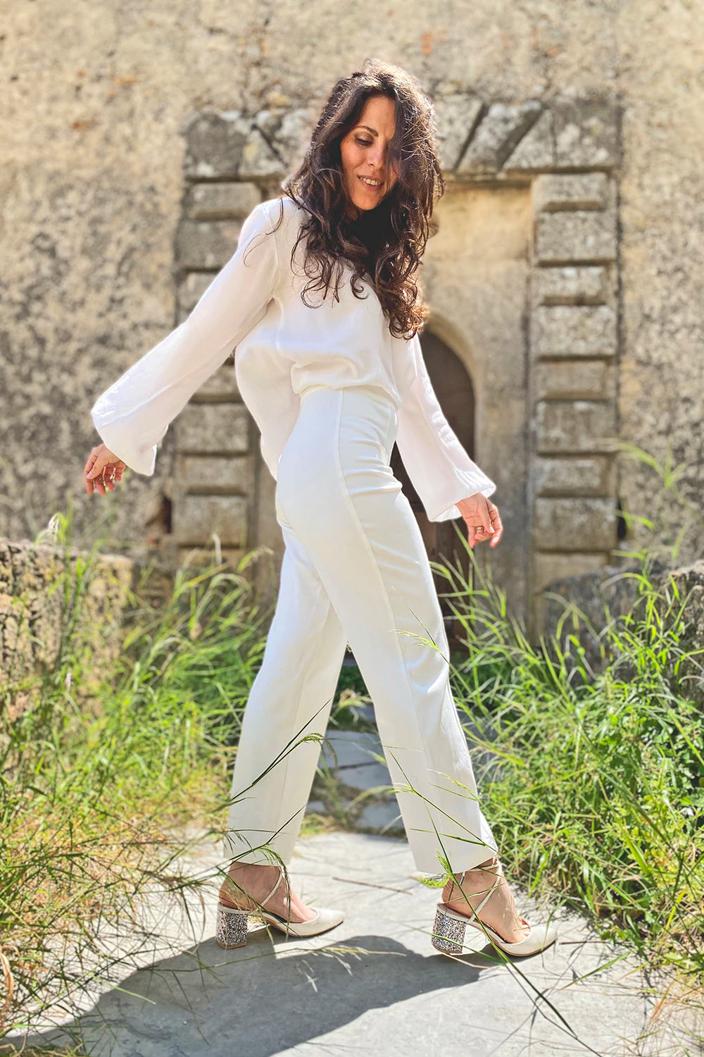 Pantalone Chiara bamboo ecologico abbigliamento sartoriale sostenibile brand malia lab vista laterale
